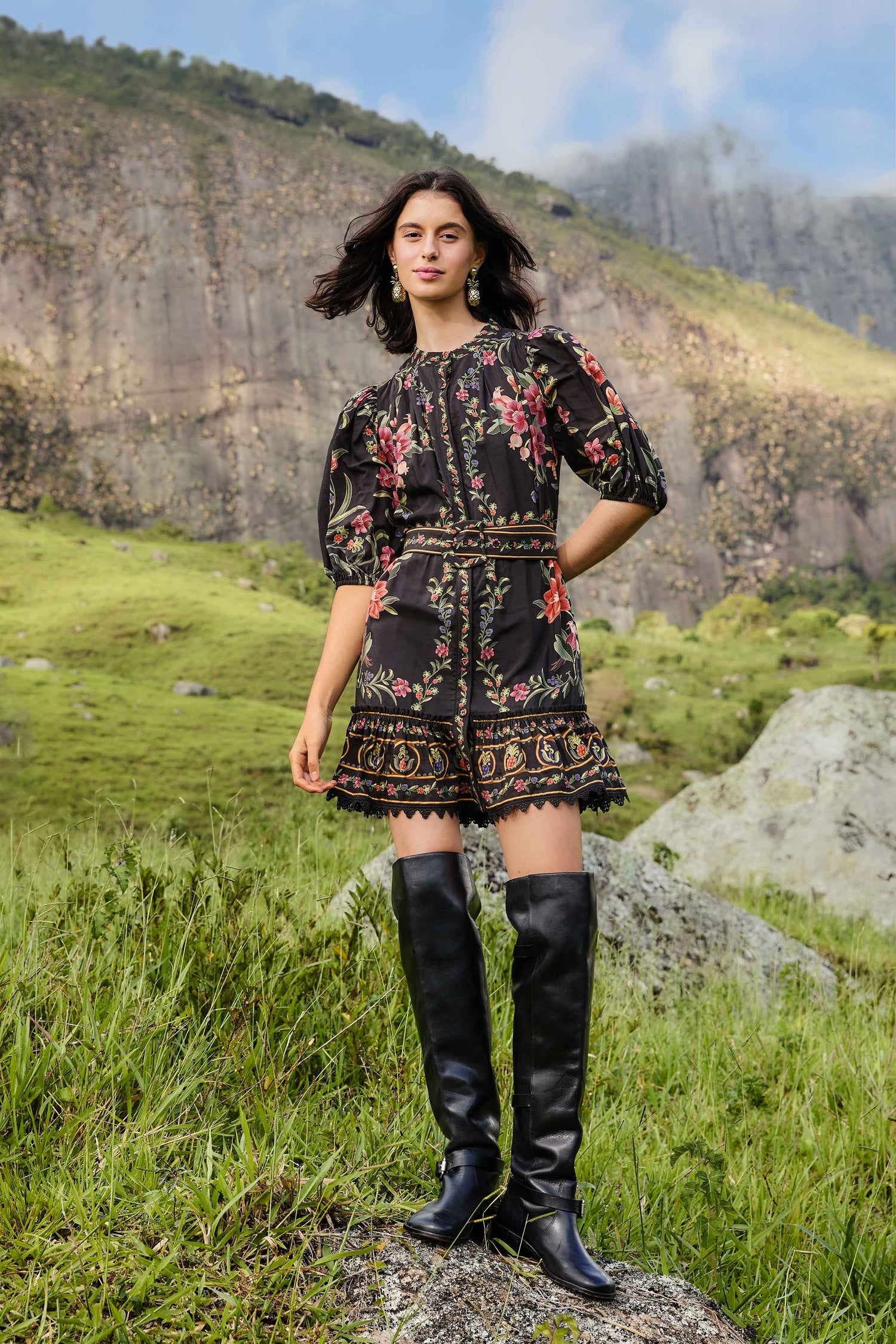 Black Belle Garden Lace Belted Mini Dress | FARM Rio Black Belle Garden Lace Belted Mini Dress | FARM Rio