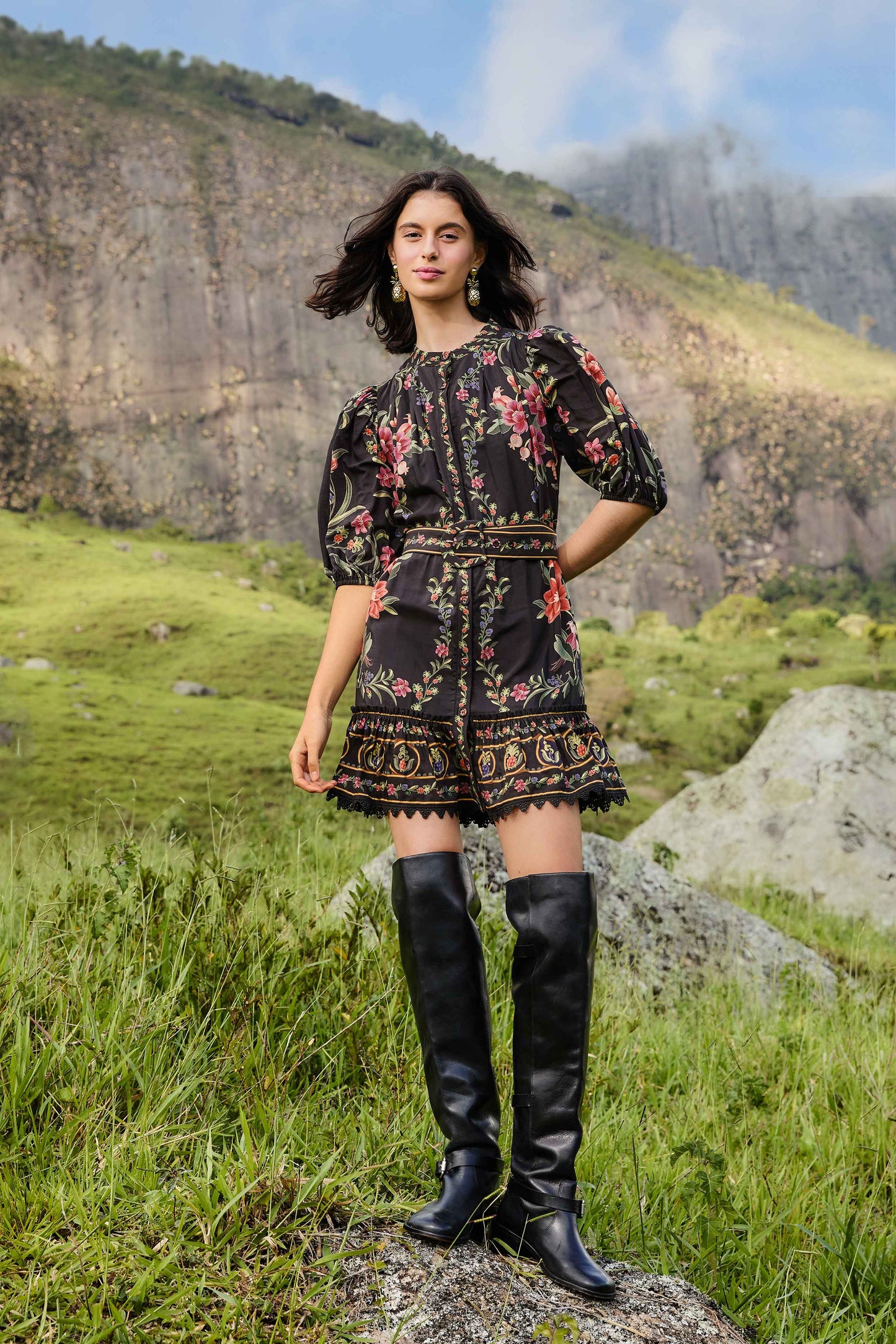 Black Belle Garden Lace Belted Mini Dress | FARM Rio Black Belle Garden Lace Belted Mini Dress | FARM Rio