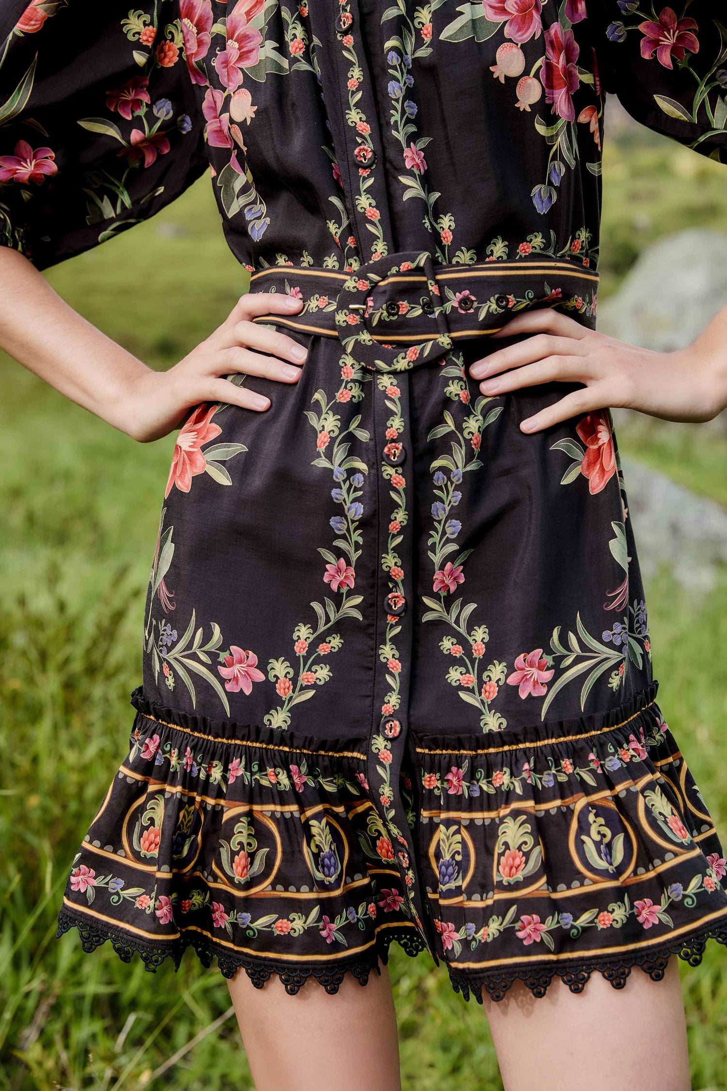 Black Belle Garden Lace Belted Mini Dress | FARM Rio Black Belle Garden Lace Belted Mini Dress | FARM Rio