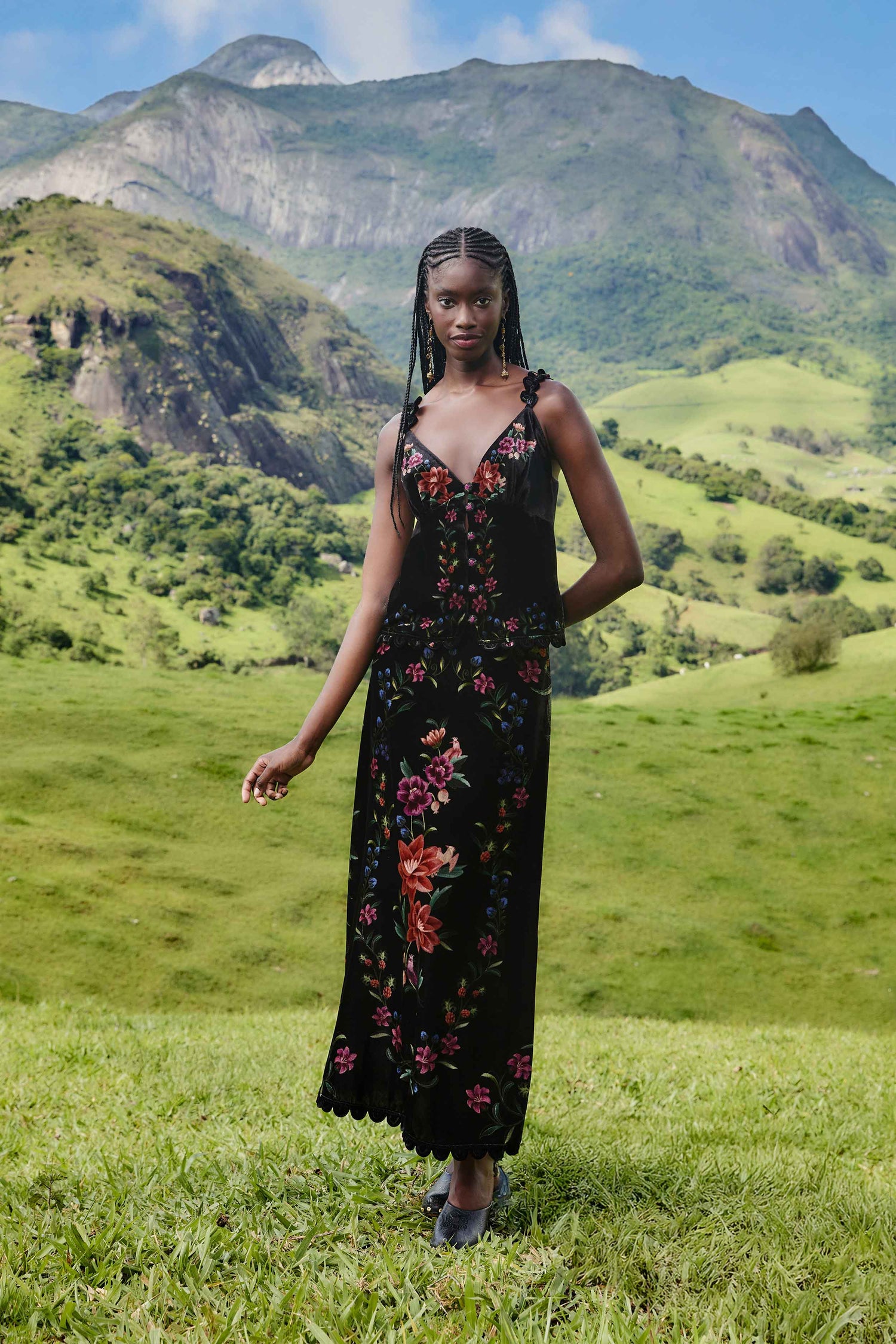 FARM Rio model wearing the Black Belle Garden Scallop Hem Midi Skirt