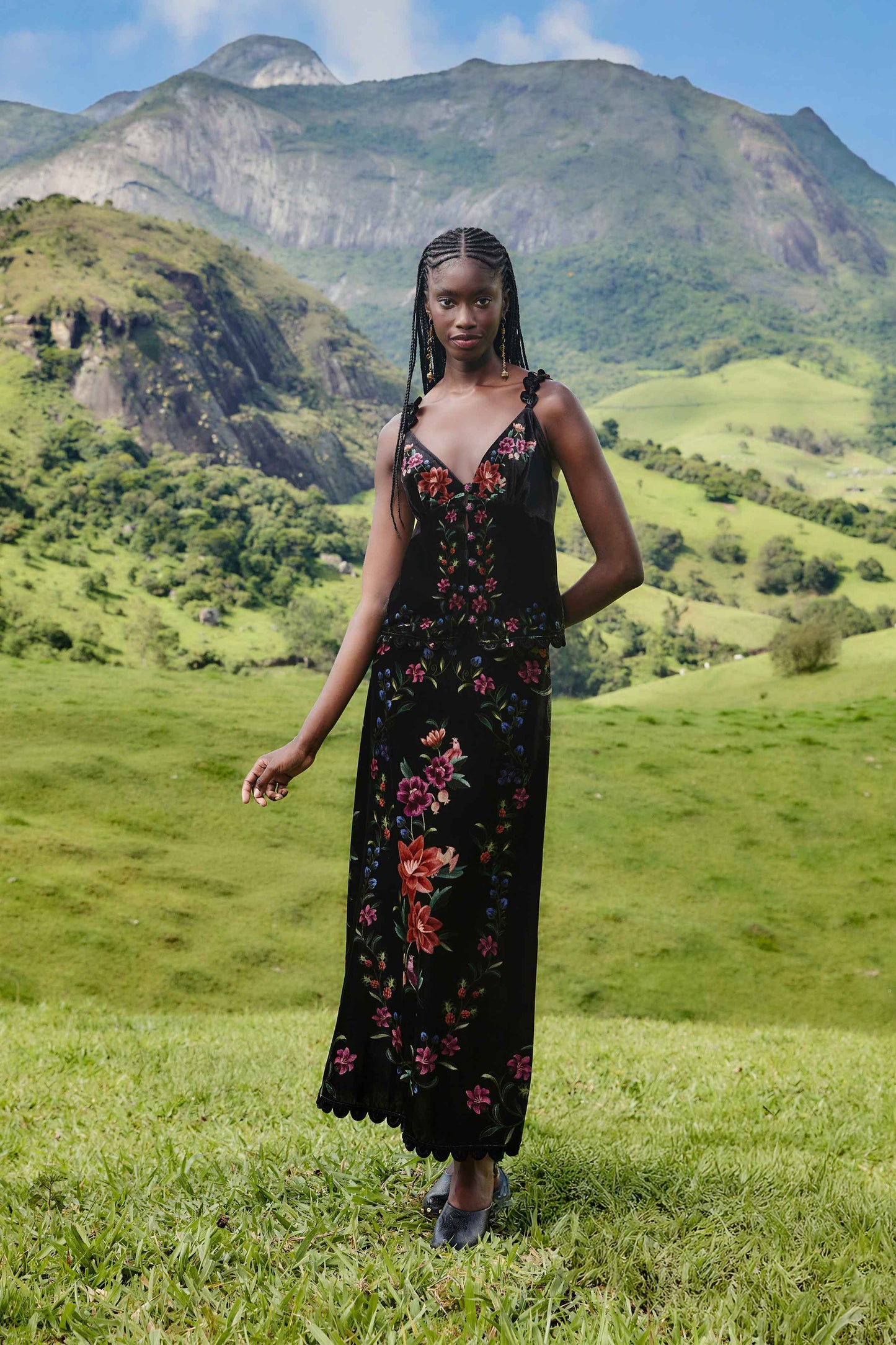 FARM Rio model wearing the Black Belle Garden Scallop Hem Midi Skirt