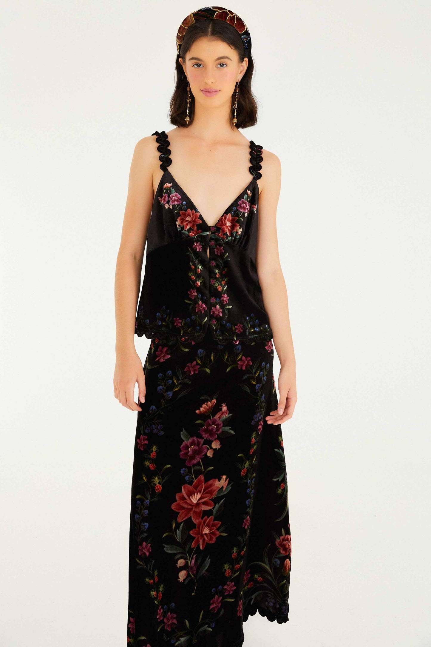 FARM Rio model wearing the Black Belle Garden Scallop Hem Midi Skirt