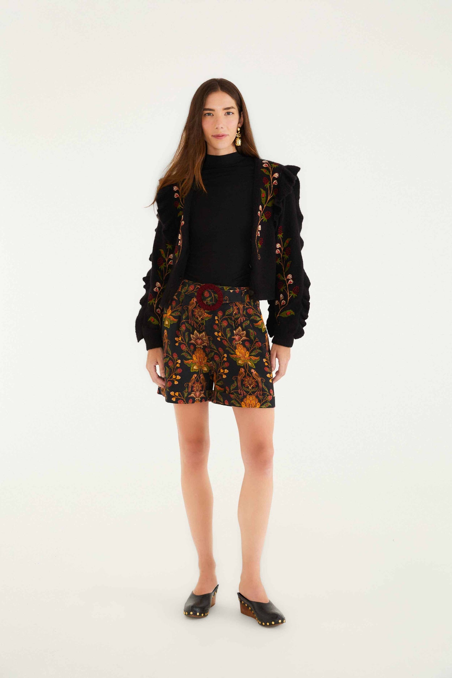 FARM Rio model wearing the Black Berry Garden Shorts