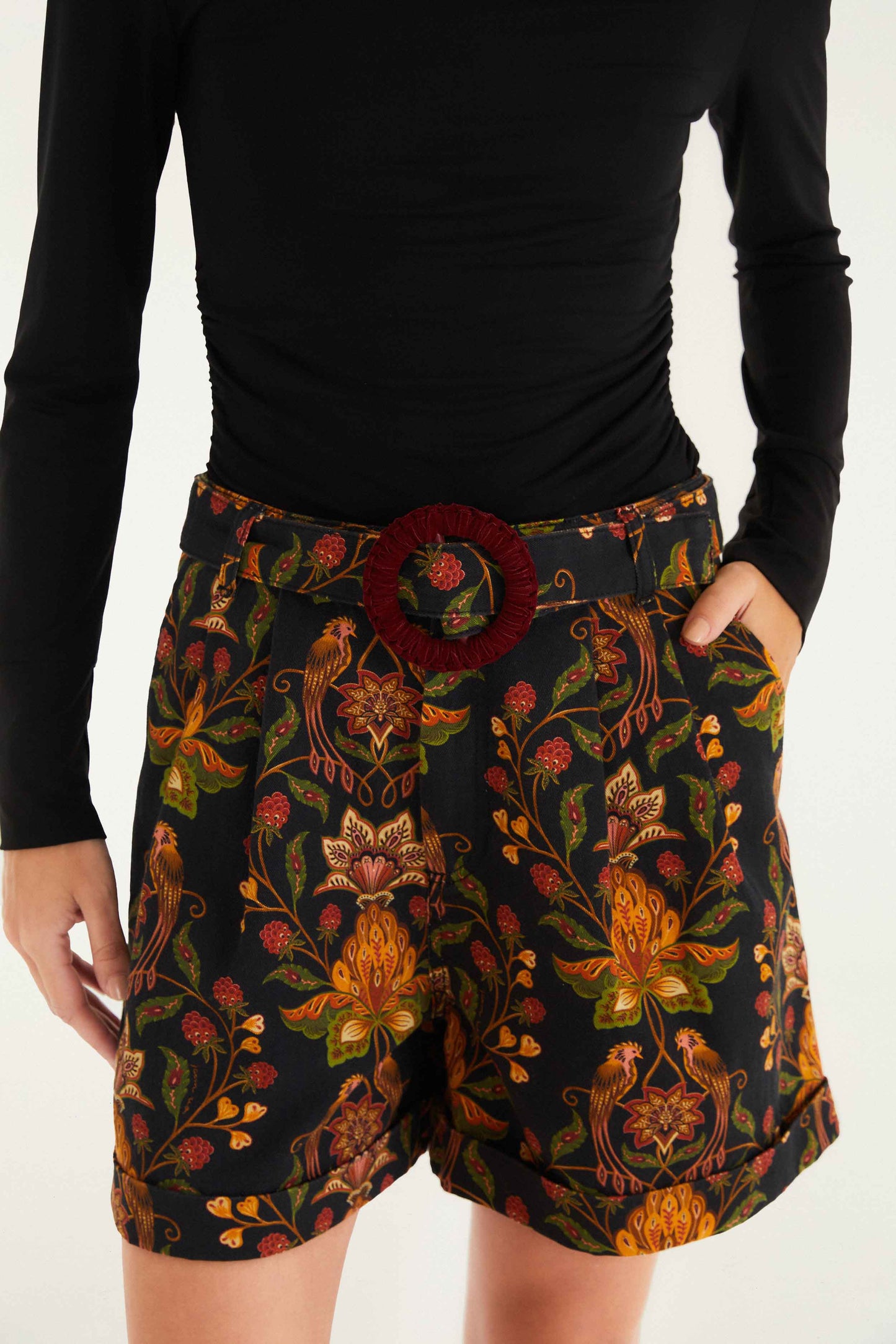 FARM Rio model wearing the Black Berry Garden Shorts