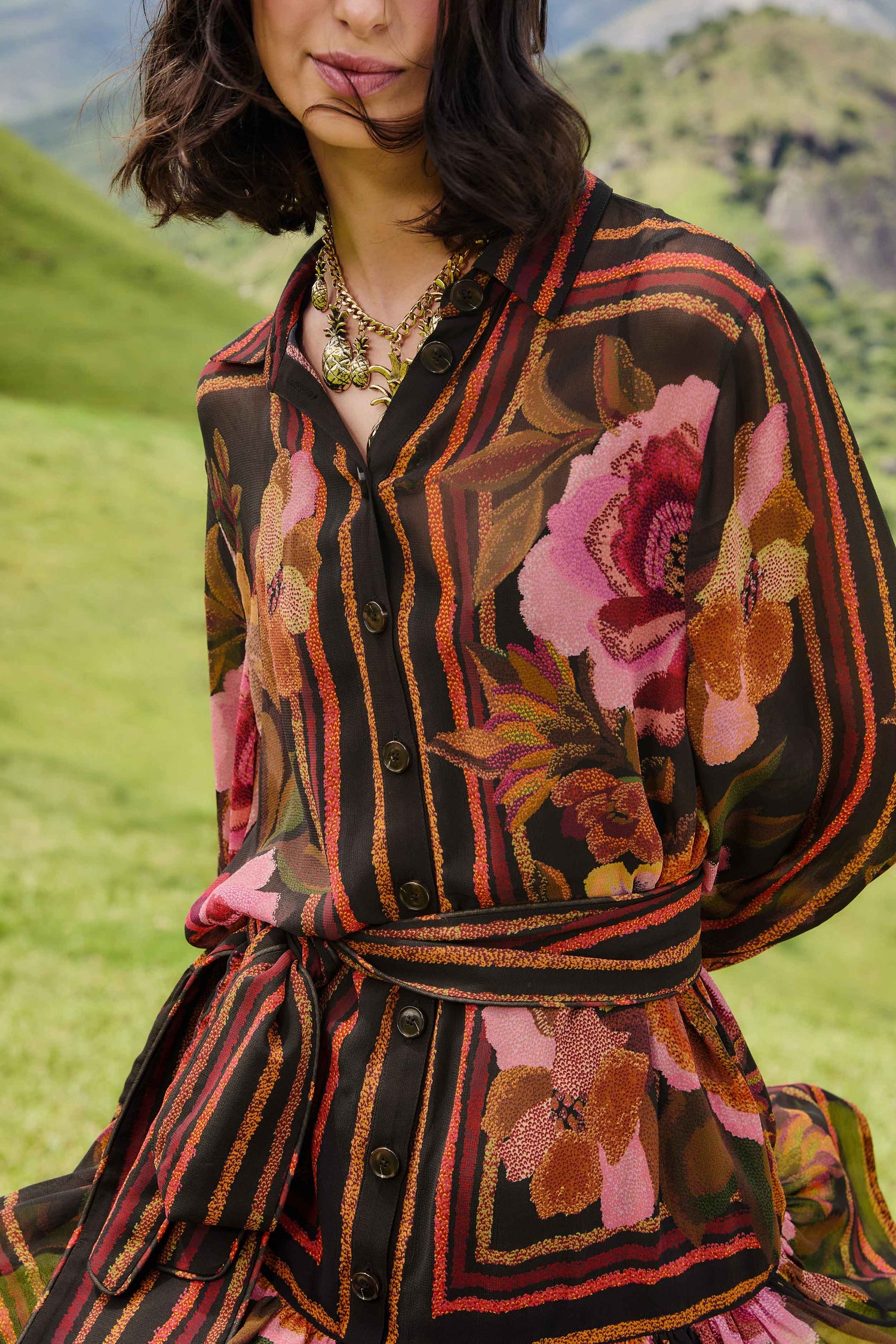 FARM Rio model wearing the Black Chenille Flowers Belted Long Sleeve Mini Dress