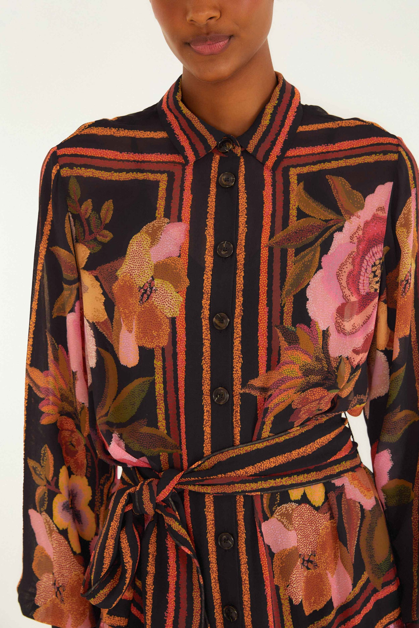 FARM Rio model wearing the Black Chenille Flowers Belted Long Sleeve Mini Dress