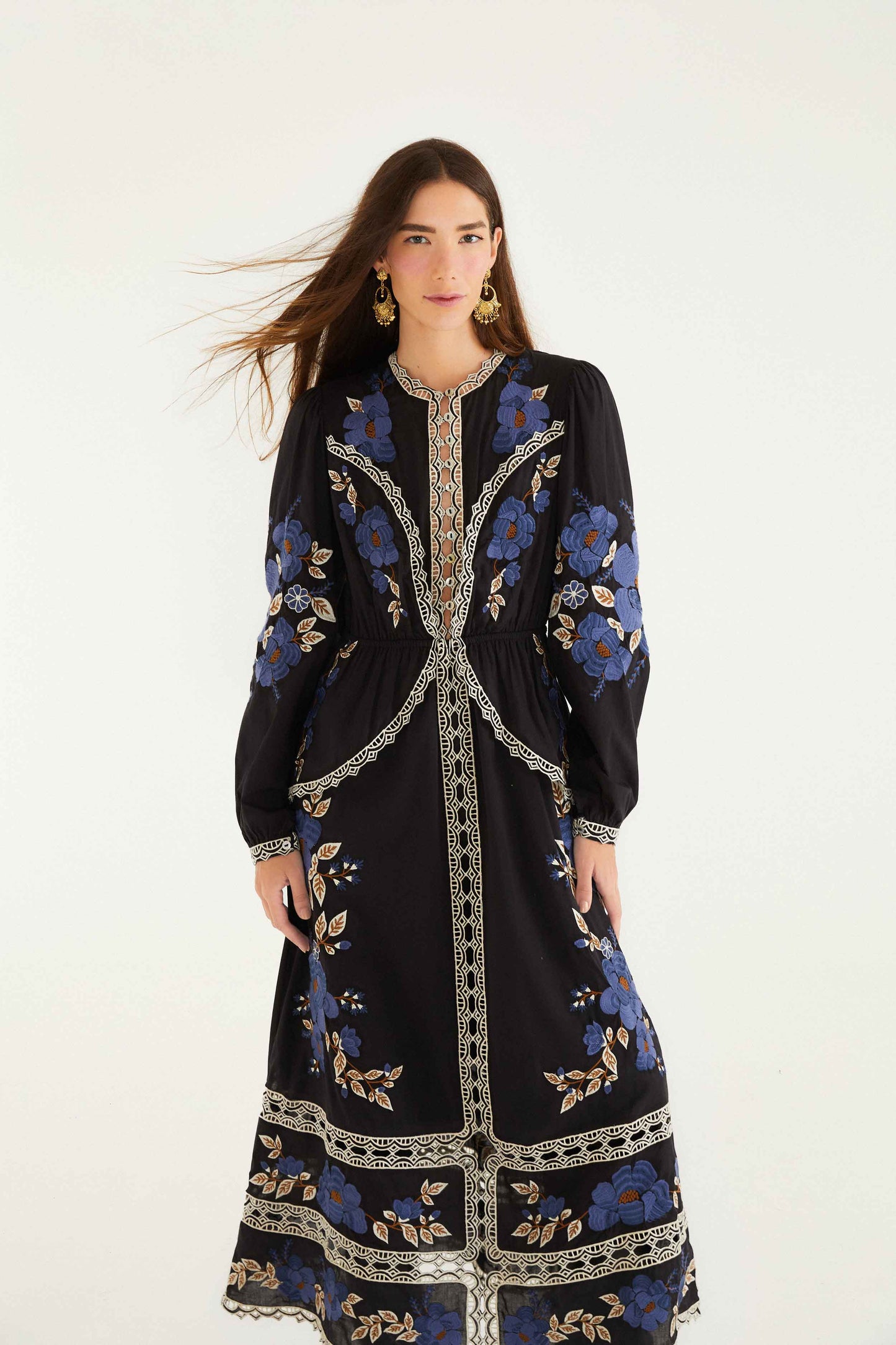 FARM Rio model wearing the Black Embroidered Flowers Long Sleeve Midi Dress