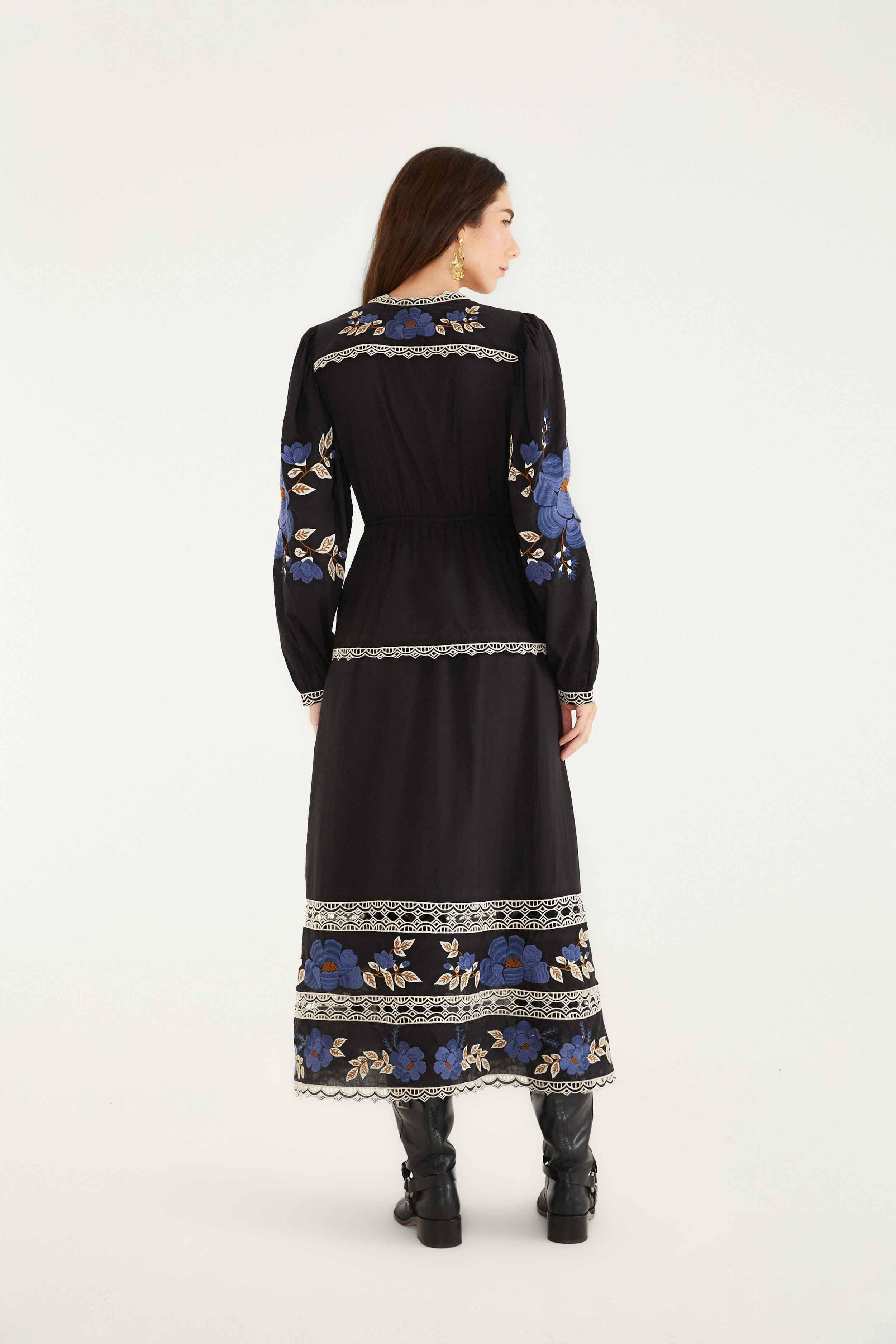 Black Bold Flowers Long Sleeve Midi Dress | FARM Rio