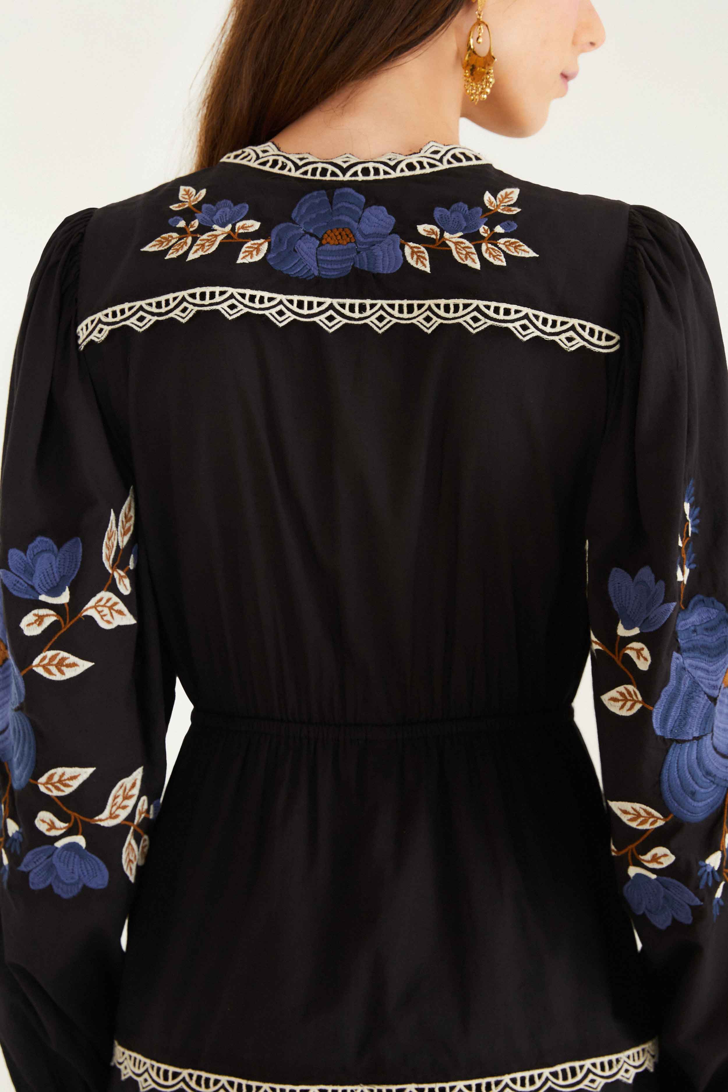 Black Bold Flowers Long Sleeve Midi Dress | FARM Rio