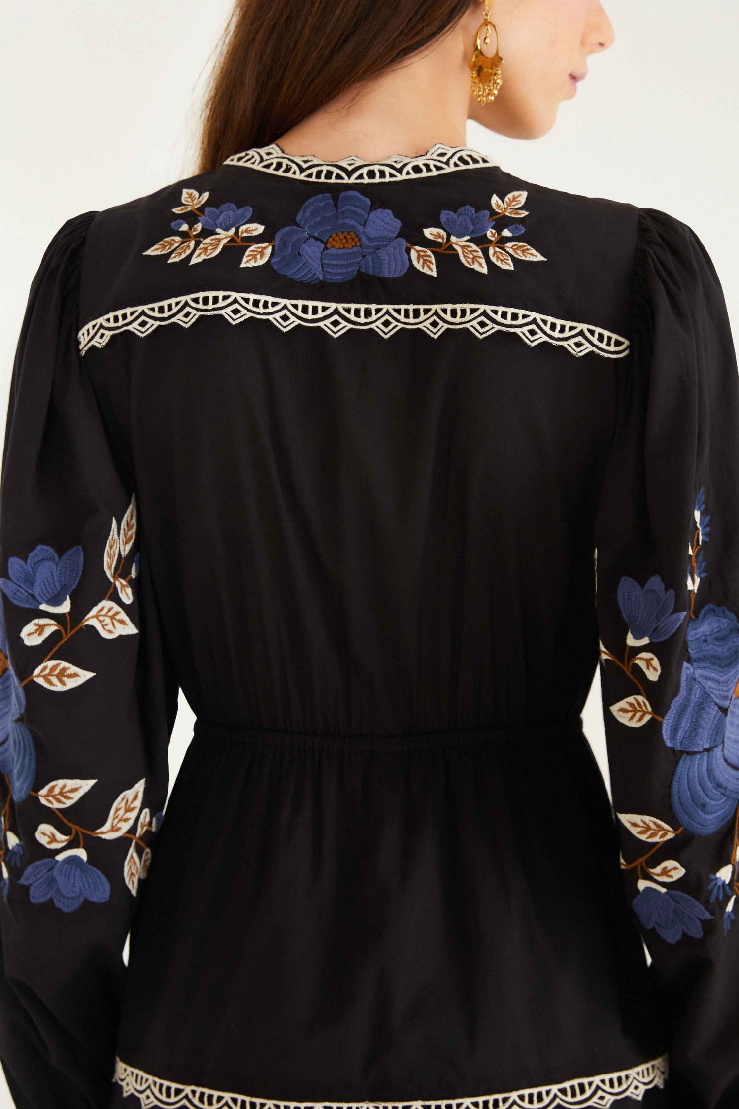 FARM Rio model wearing the Black Embroidered Flowers Long Sleeve Midi Dress