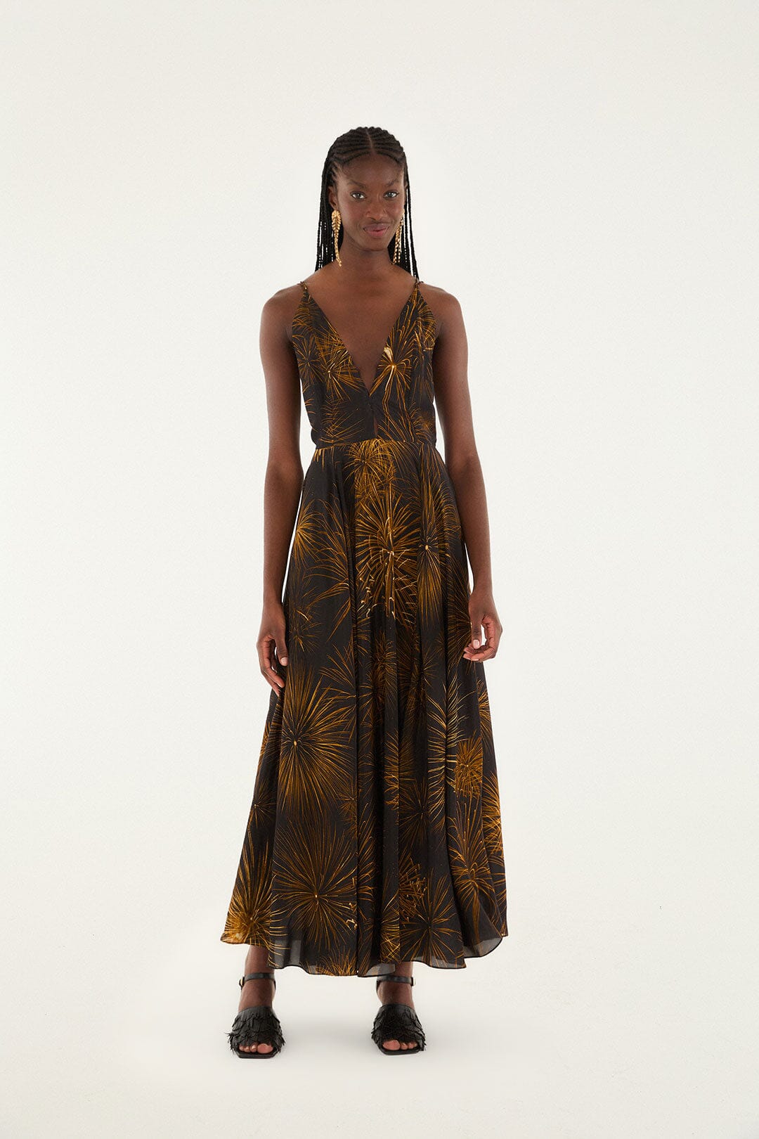 FARM Rio model wearing the Black Fireworks Sleeveless Open Back Maxi Dress