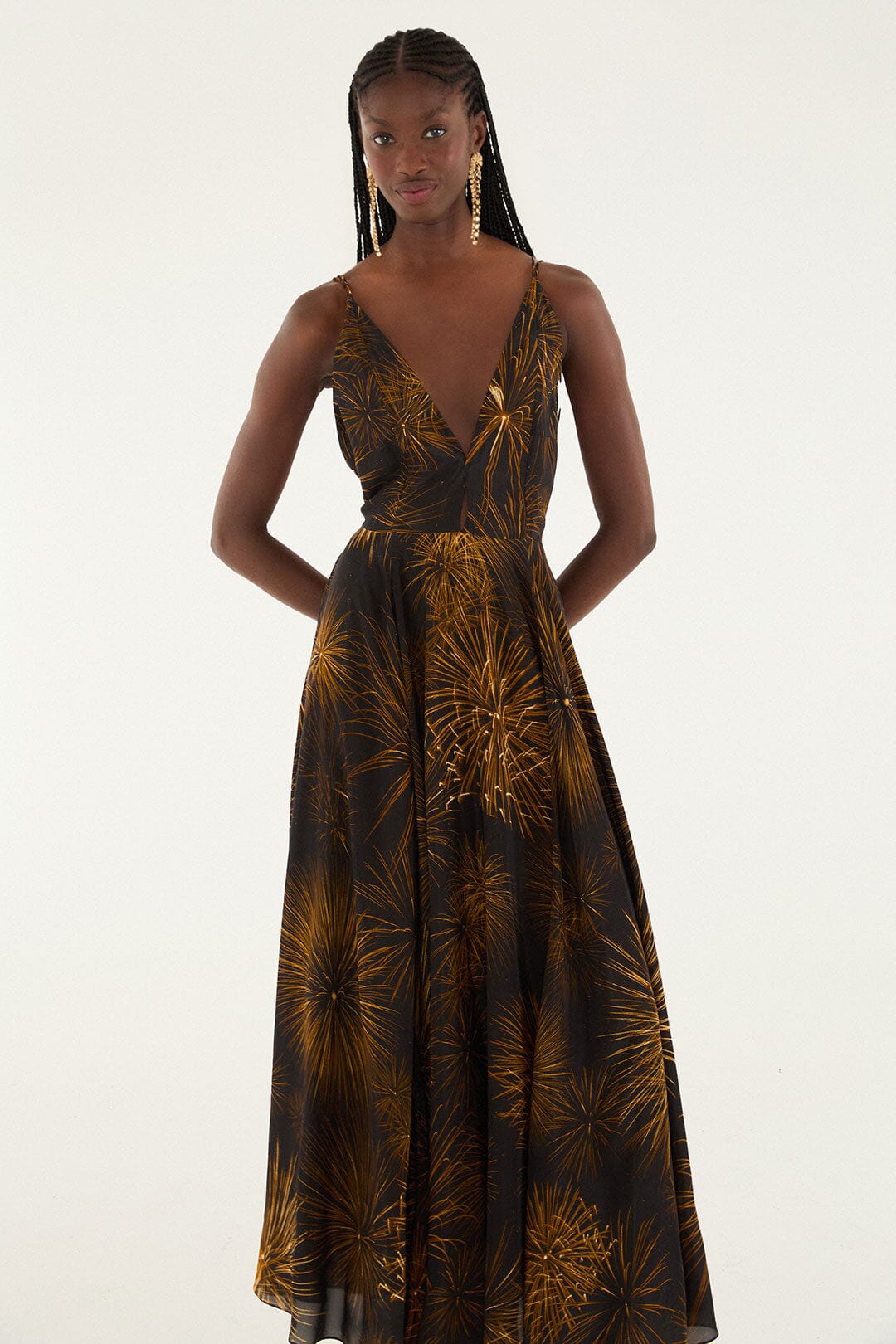 FARM Rio model wearing the Black Fireworks Sleeveless Open Back Maxi Dress