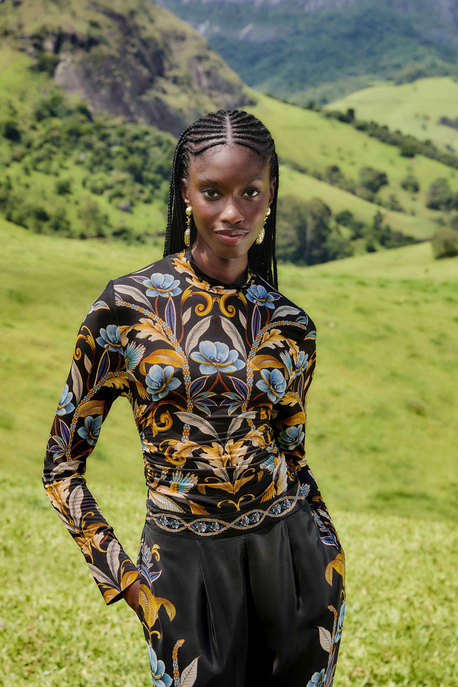 FARM Rio model wearing the Black Flowerful Garden Jersey Blouse