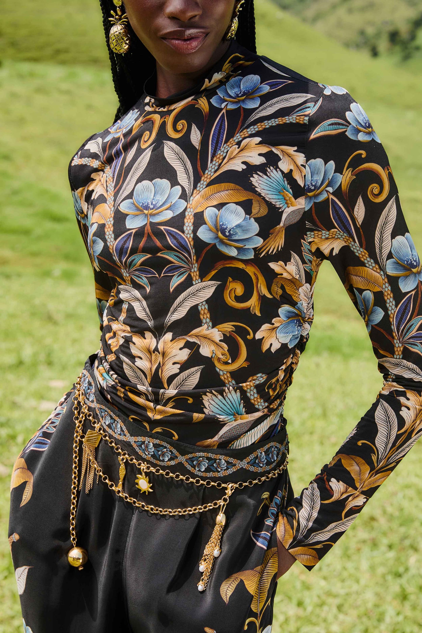FARM Rio model wearing the Black Flowerful Garden Jersey Blouse