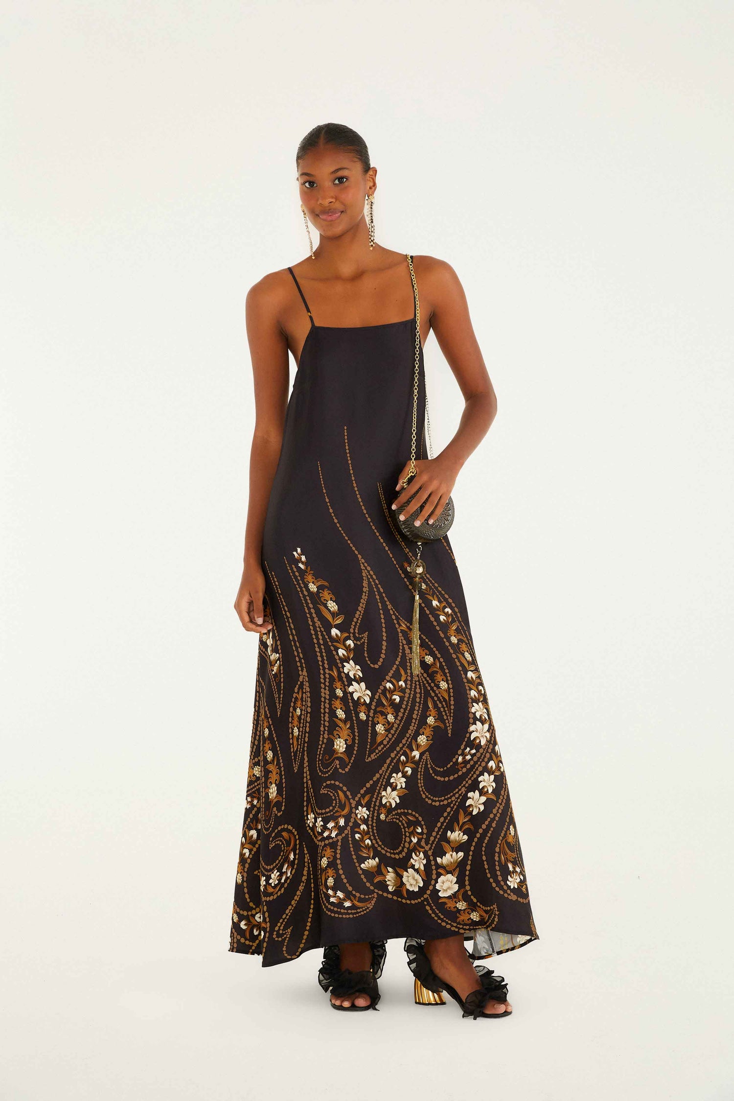 Black Garden Lenzing Ecovero Viscose Slip Midi Dress | FARM Rio Black Garden Lenzing Ecovero Viscose Slip Midi Dress | FARM Rio