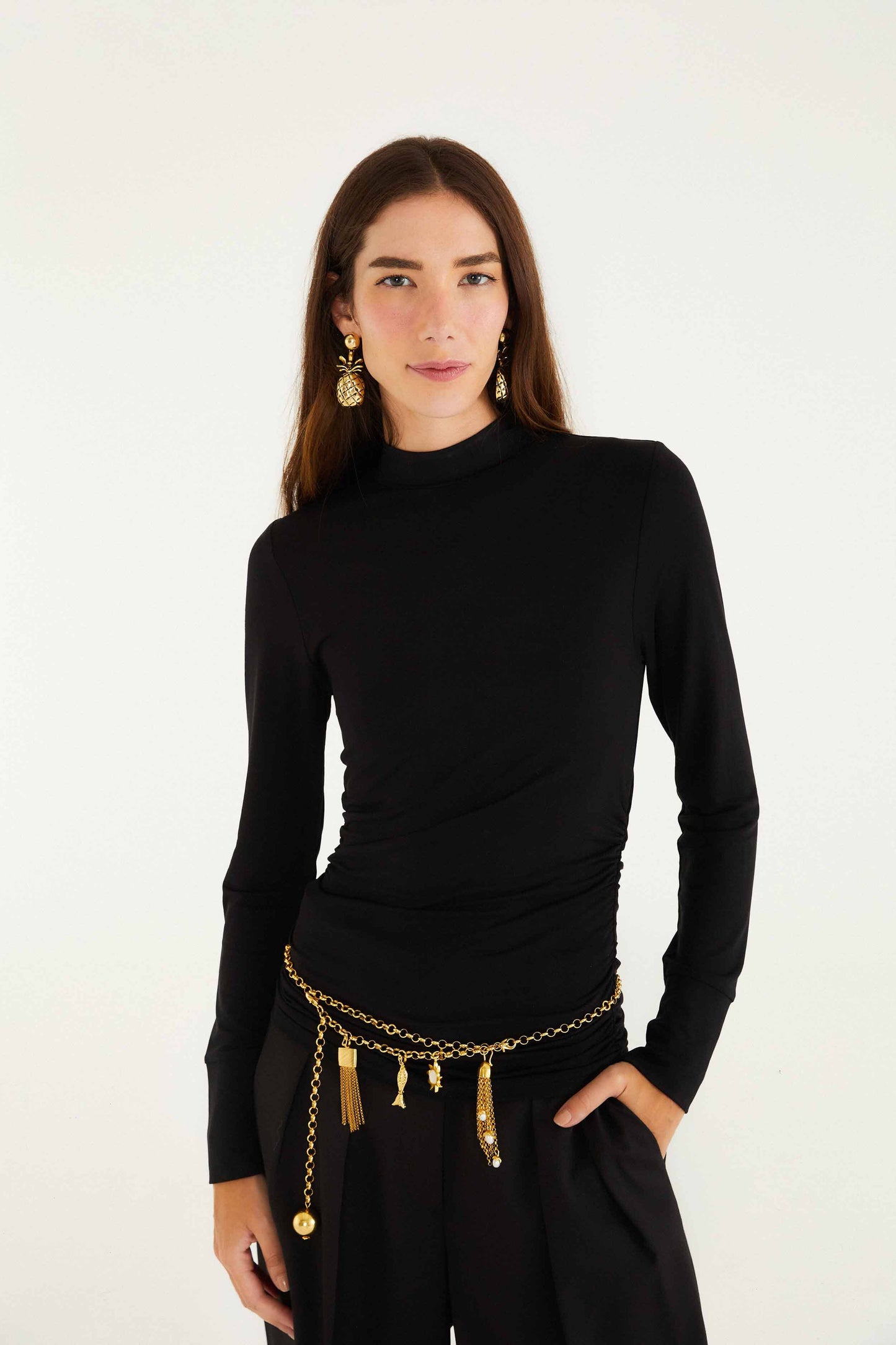 FARM Rio model wearing the Black Jersey Long Sleeve Blouse