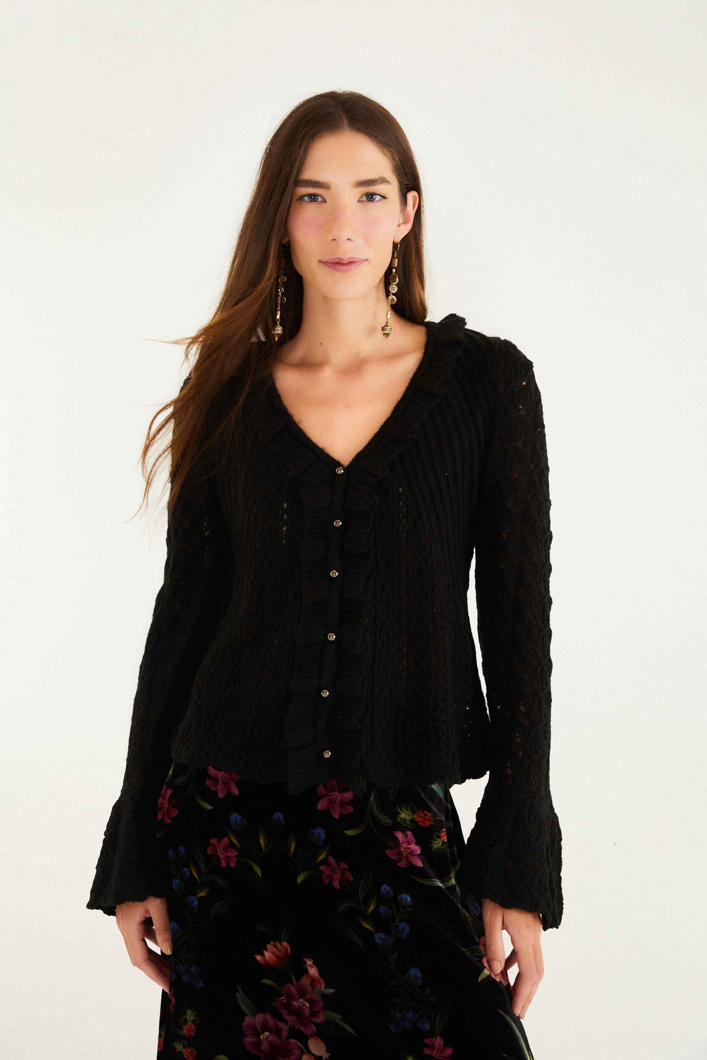 FARM Rio model wearing the Black Lace Ruffled Knit Cardigan
