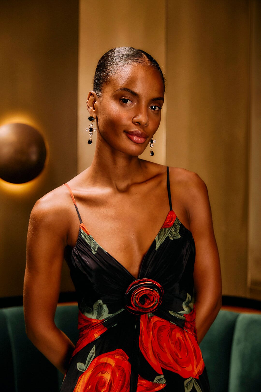 FARM Rio model wearing the Black Latin Roses 3d Flower Layered Maxi Dress