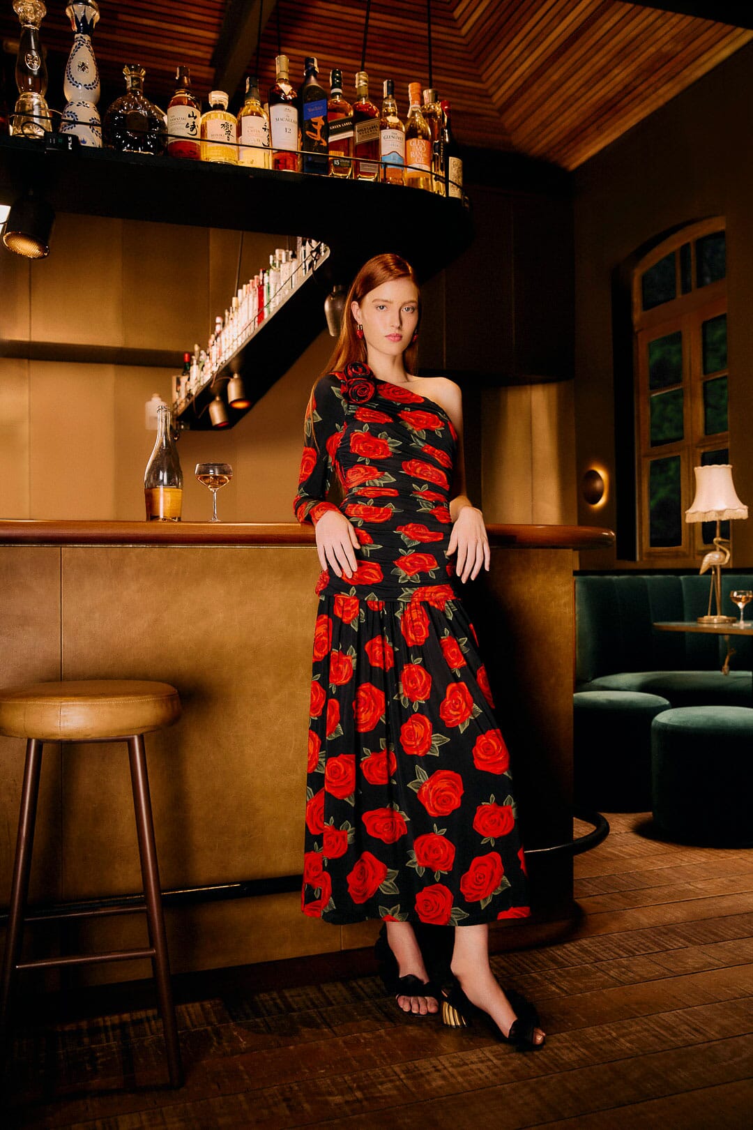 farm rio one shoulder eyelet midi dress Black Latin Roses 3d Flower One-Shoulder Draped Maxi Dress