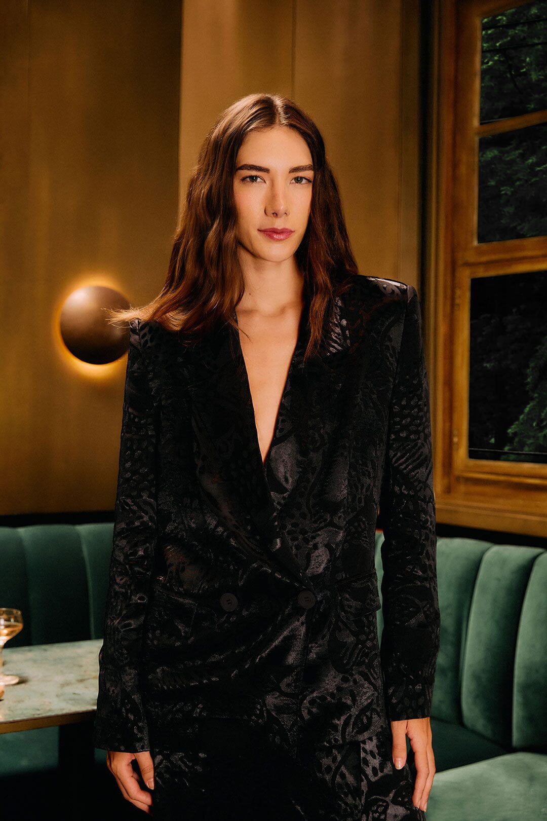 FARM Rio model wearing the Black Leopard Buttoned Jacquard Blazer