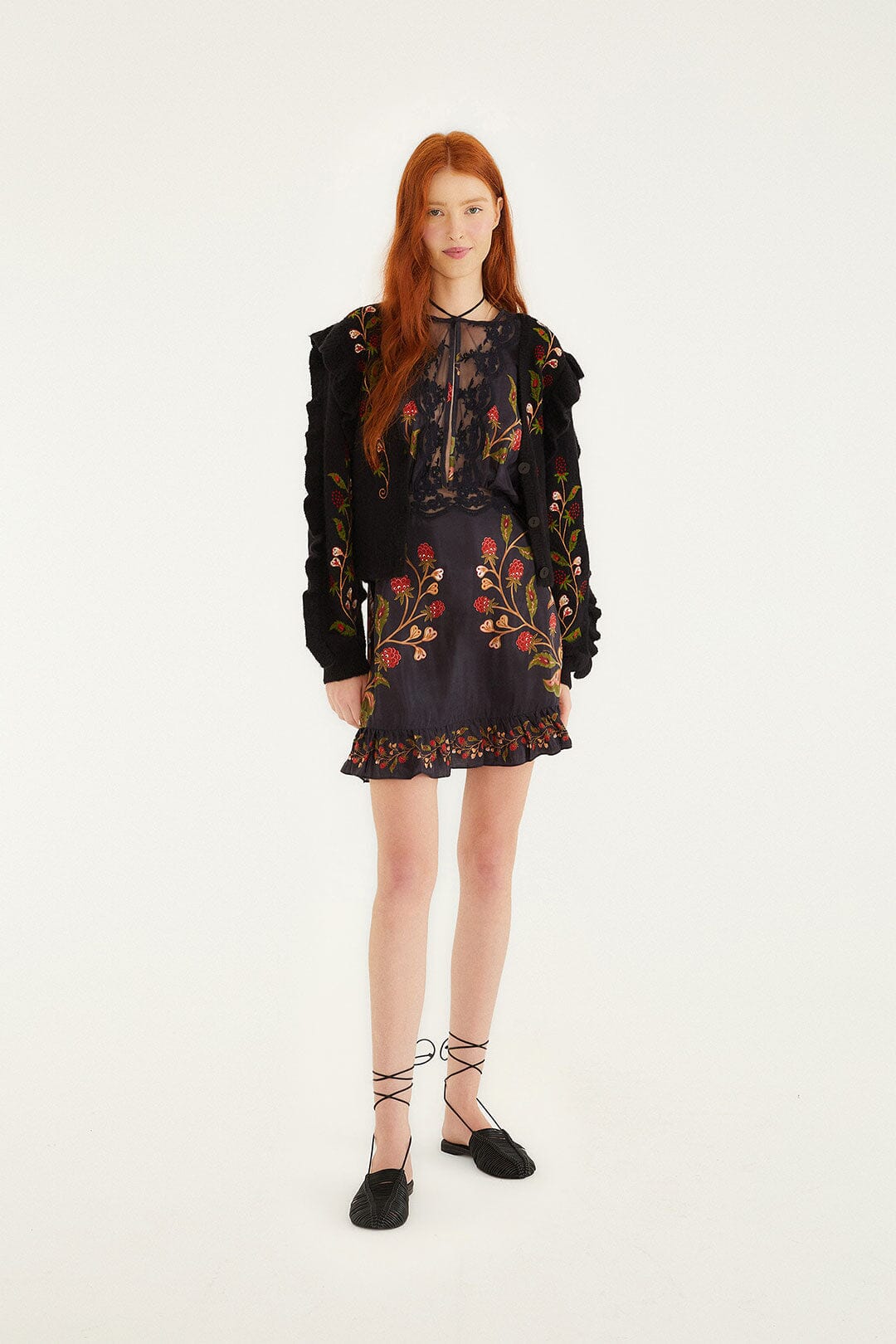 FARM Rio model wearing the Black Macrame Mule