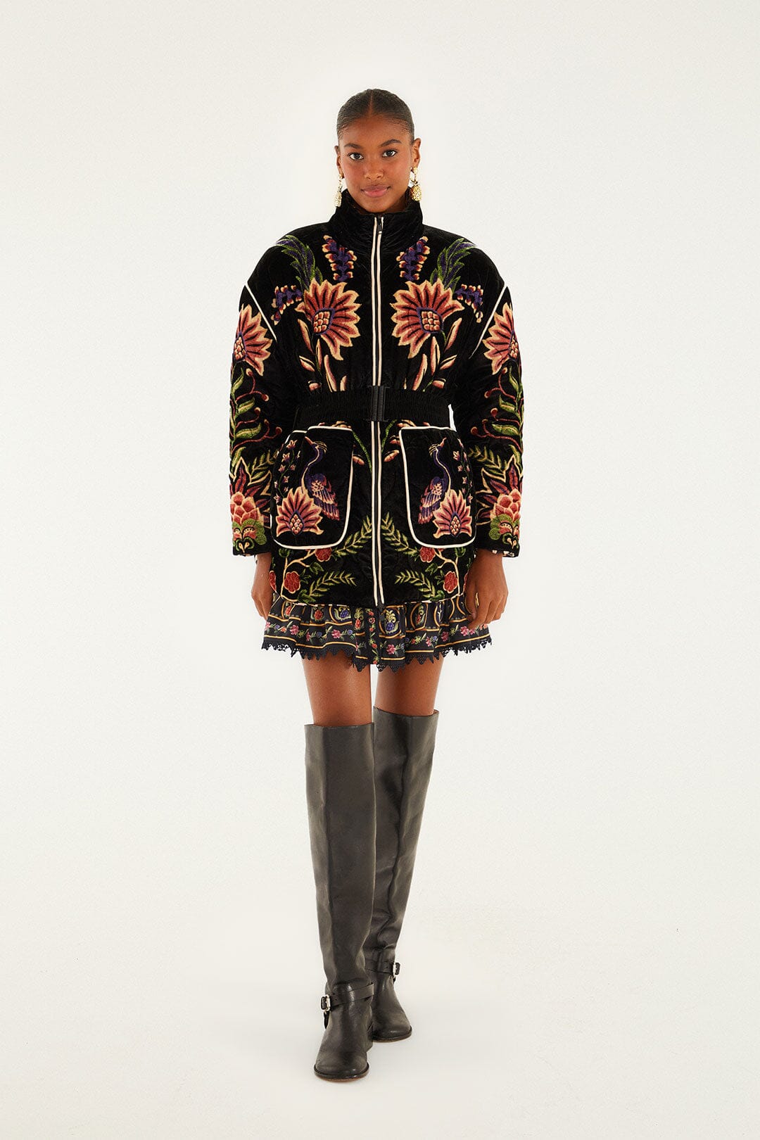 FARM Rio model wearing the Black Marvelous Garden Puffer Jacket