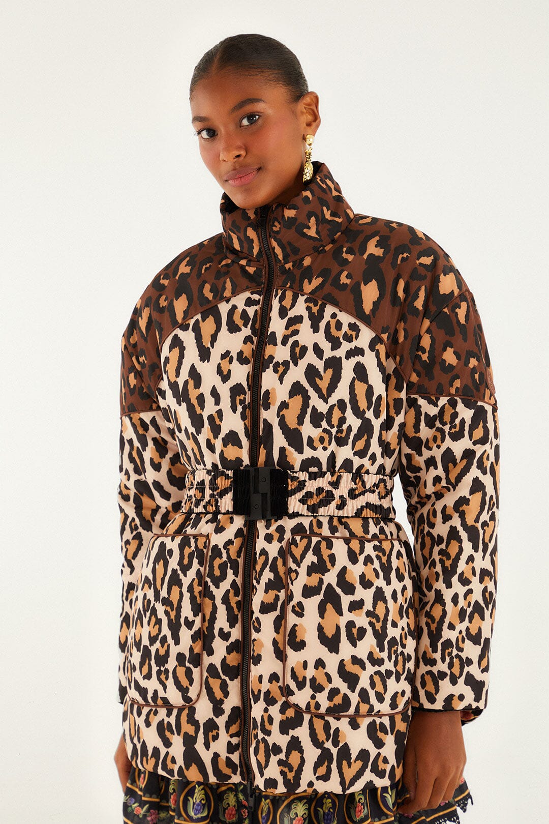 FARM Rio model wearing the Black Marvelous Garden Puffer Jacket