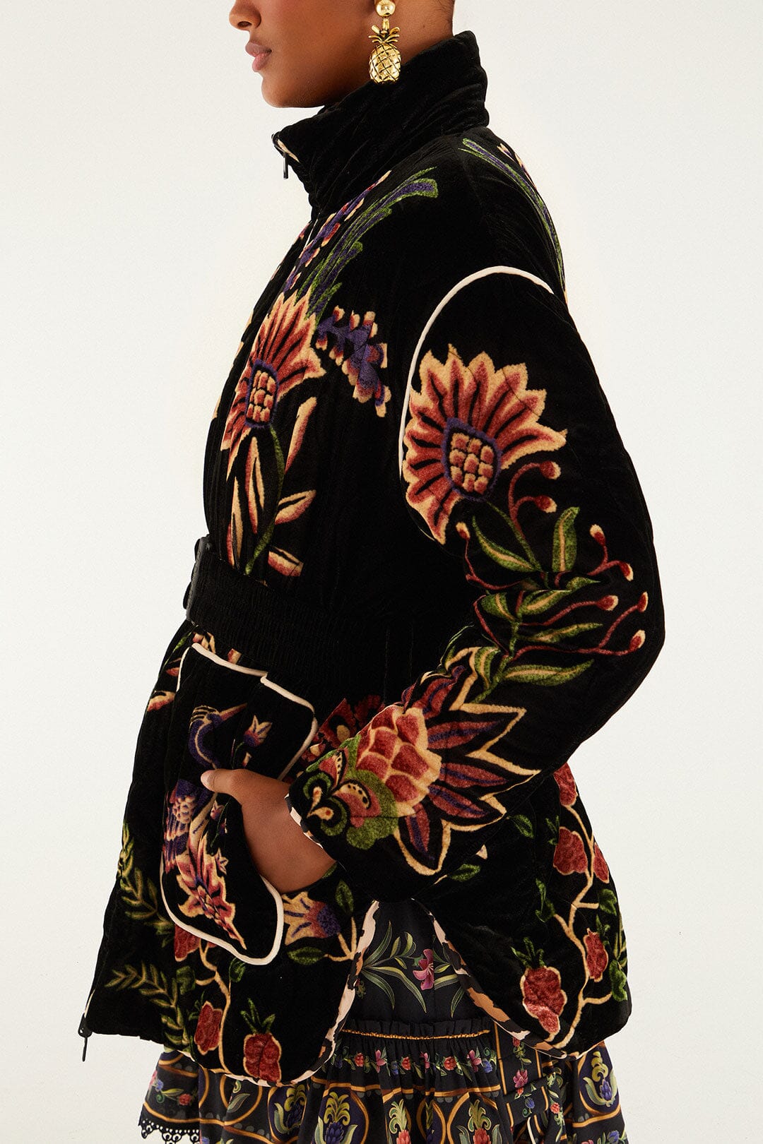 FARM Rio model wearing the Black Marvelous Garden Puffer Jacket