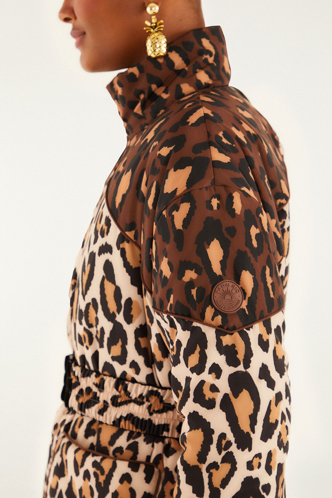 FARM Rio model wearing the Black Marvelous Garden Puffer Jacket