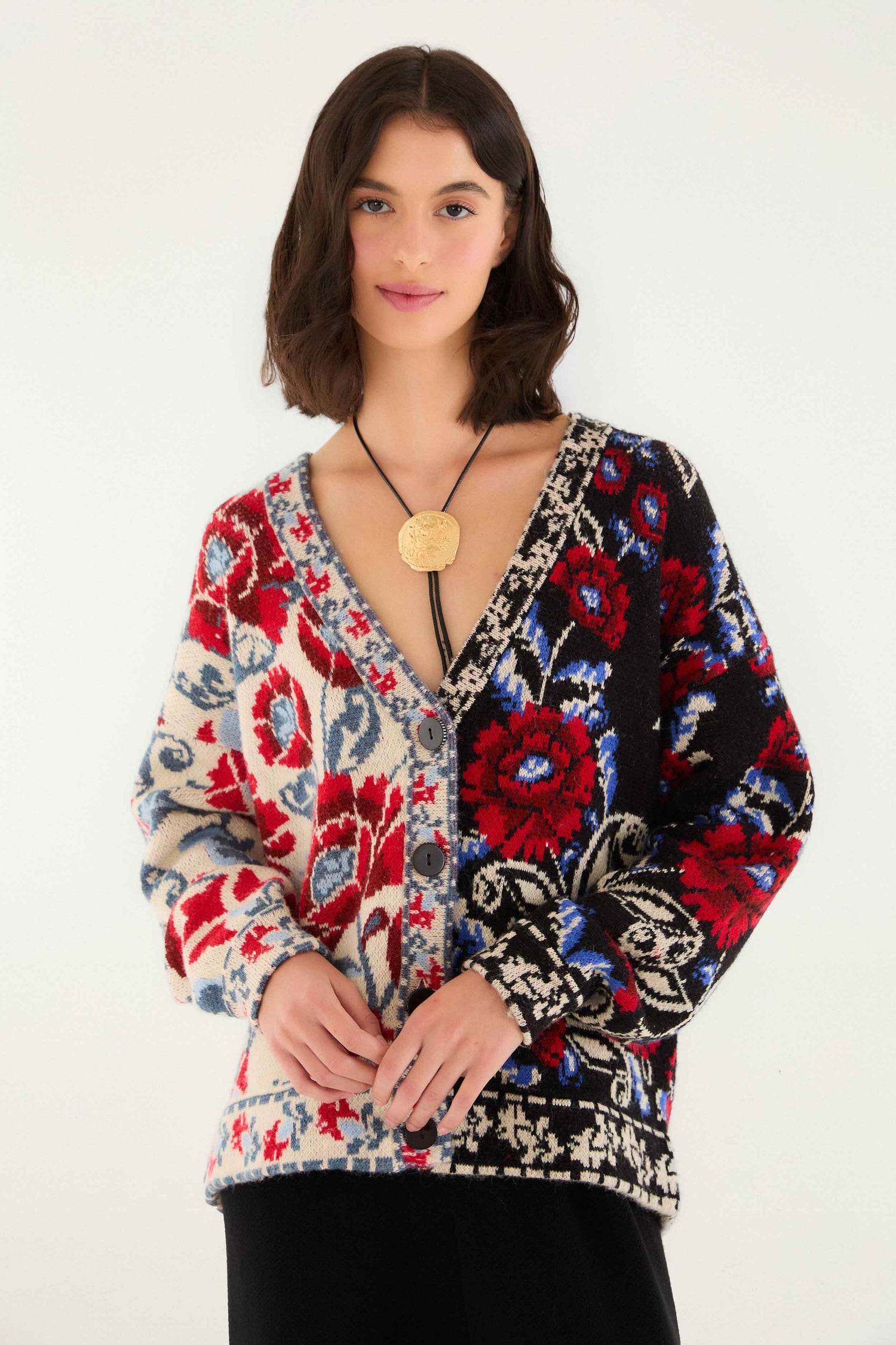 FARM Rio model wearing the Black Mixed Valentina V Neck Knit Cardigan