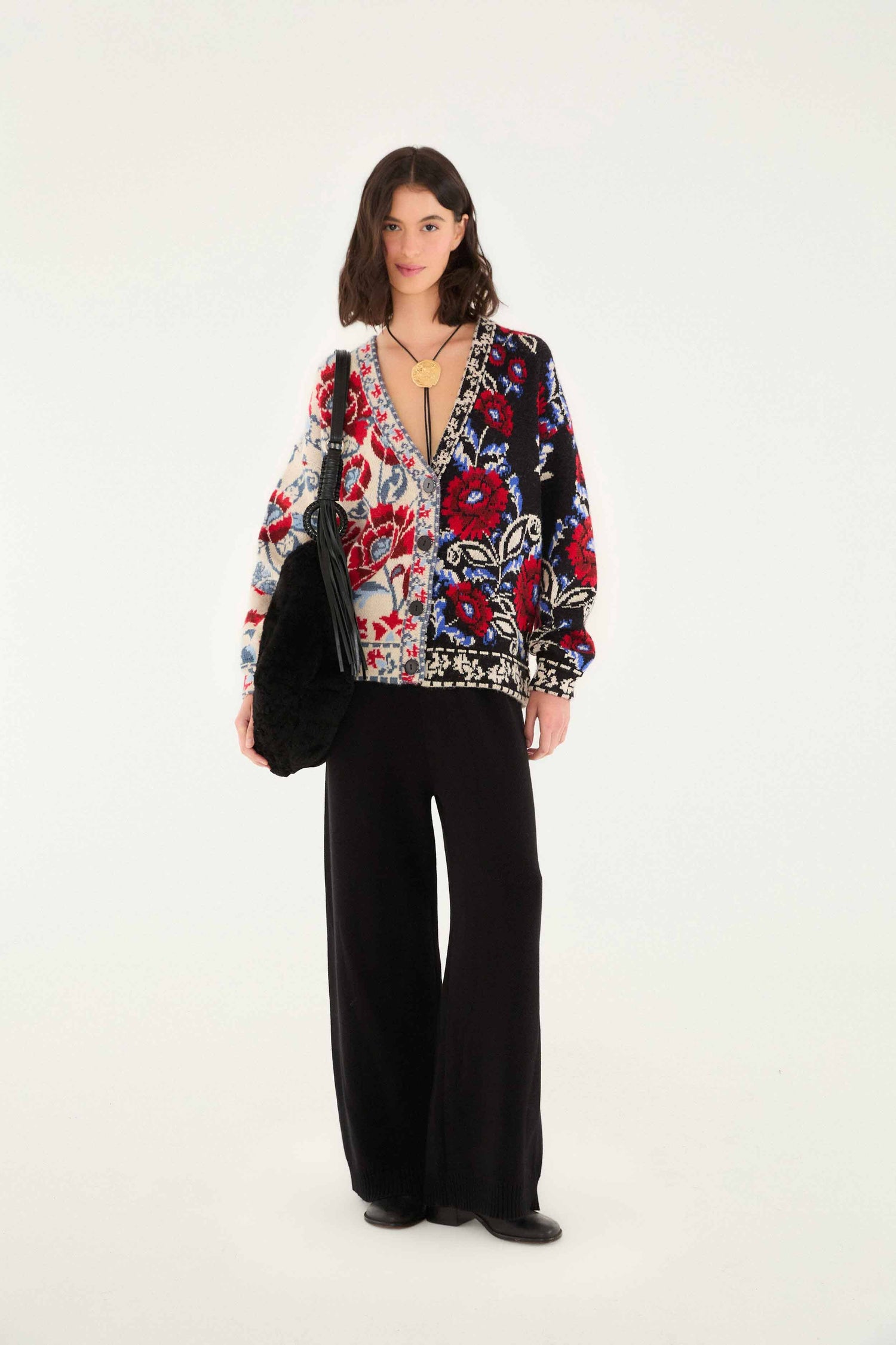 FARM Rio model wearing the Black Mixed Valentina V Neck Knit Cardigan