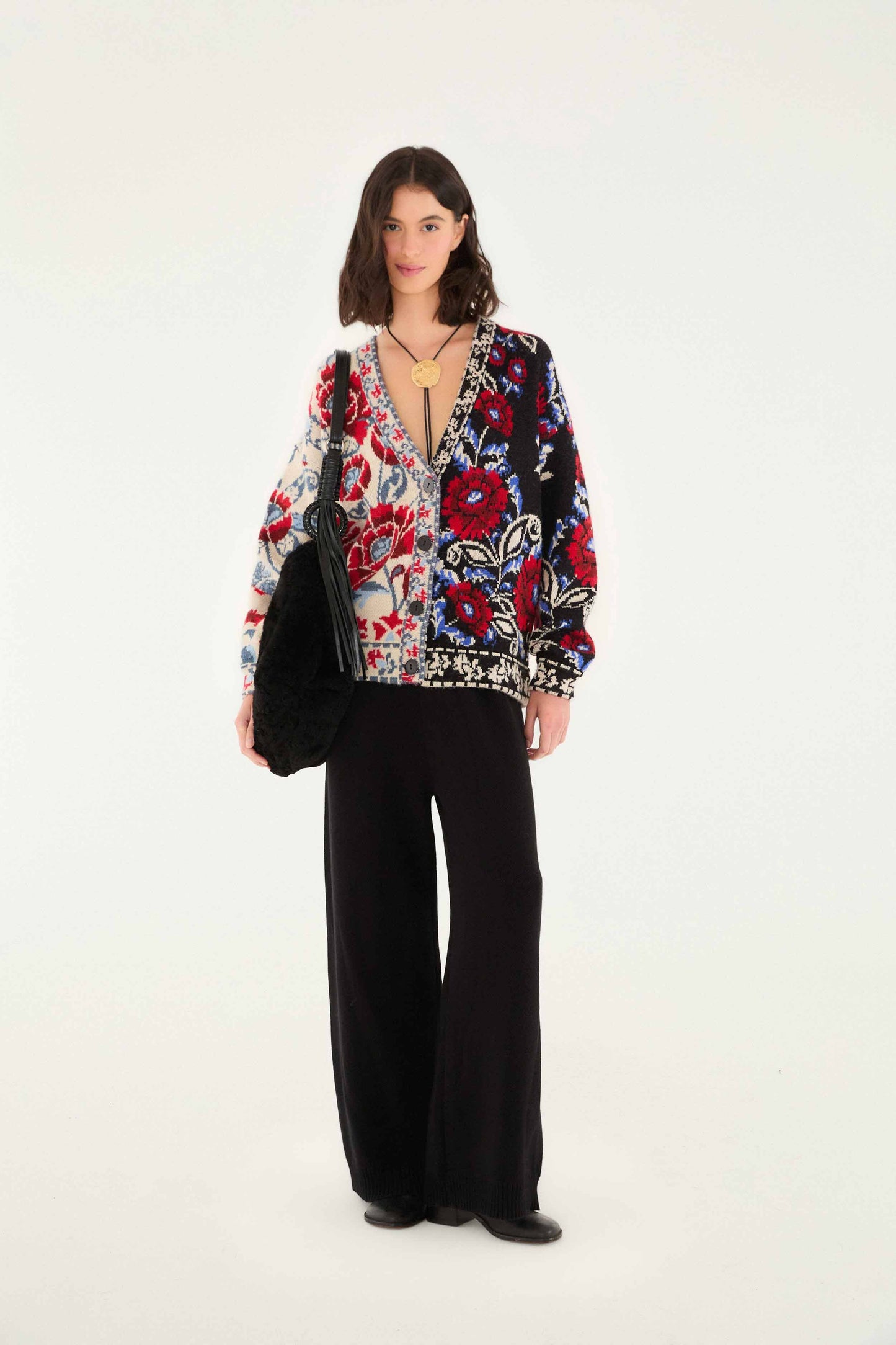 FARM Rio model wearing the Black Mixed Valentina V Neck Knit Cardigan