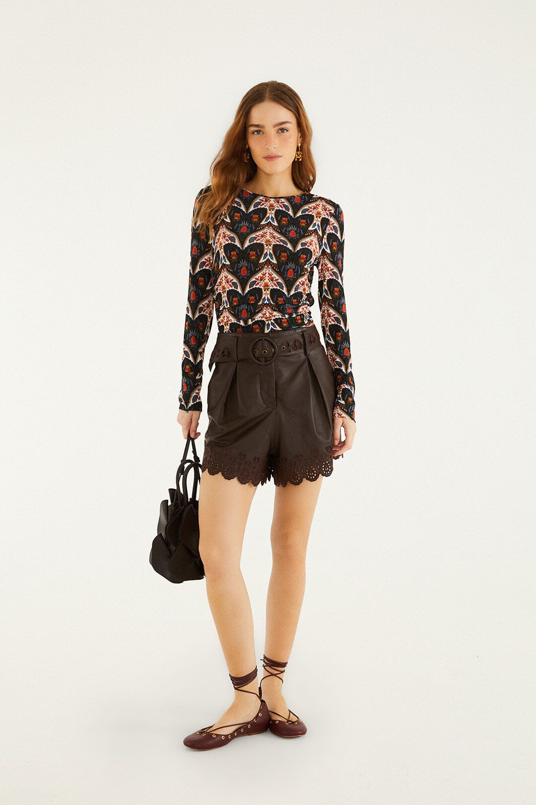 FARM Rio model wearing the Black Porcelain Birds Long Sleeve Jersey Blouse