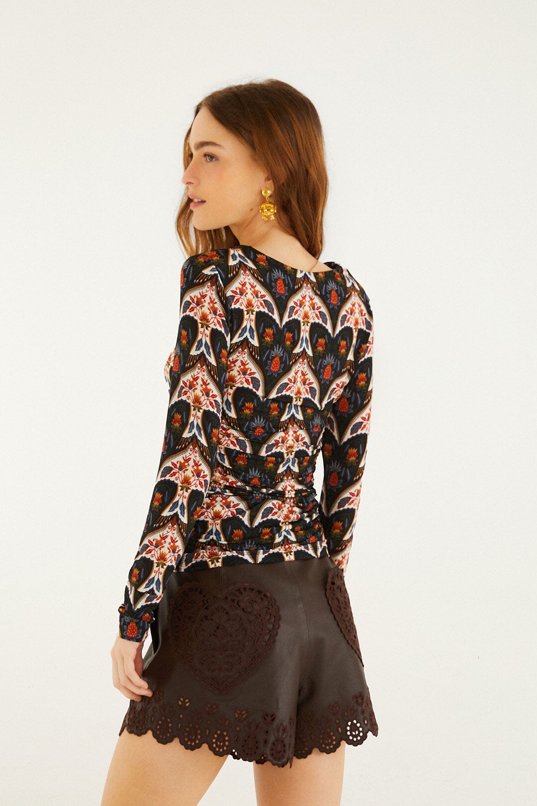 FARM Rio model wearing the Black Porcelain Birds Long Sleeve Jersey Blouse