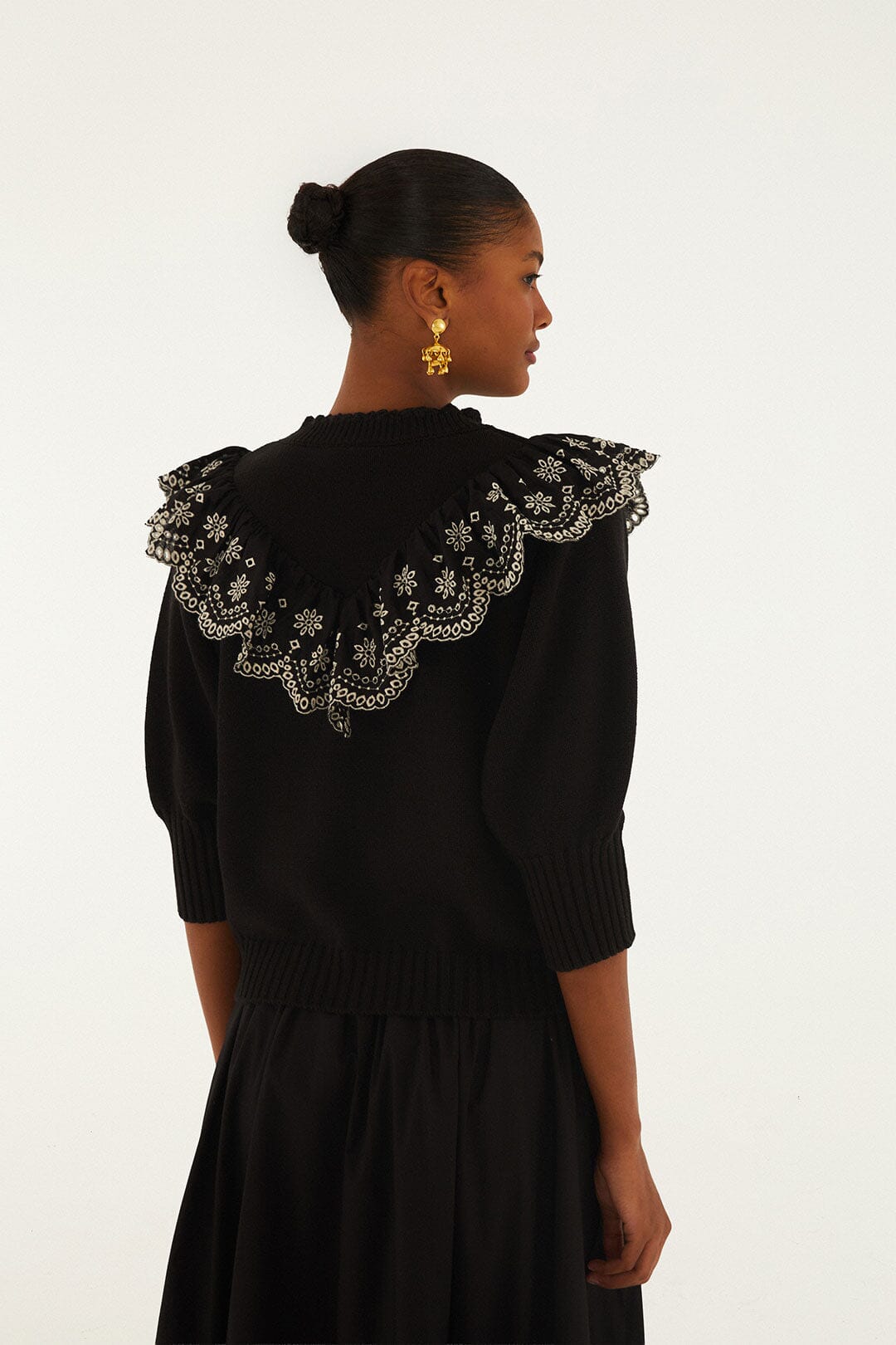 FARM Rio model wearing the Black Richelieu Ruffled Sweater
