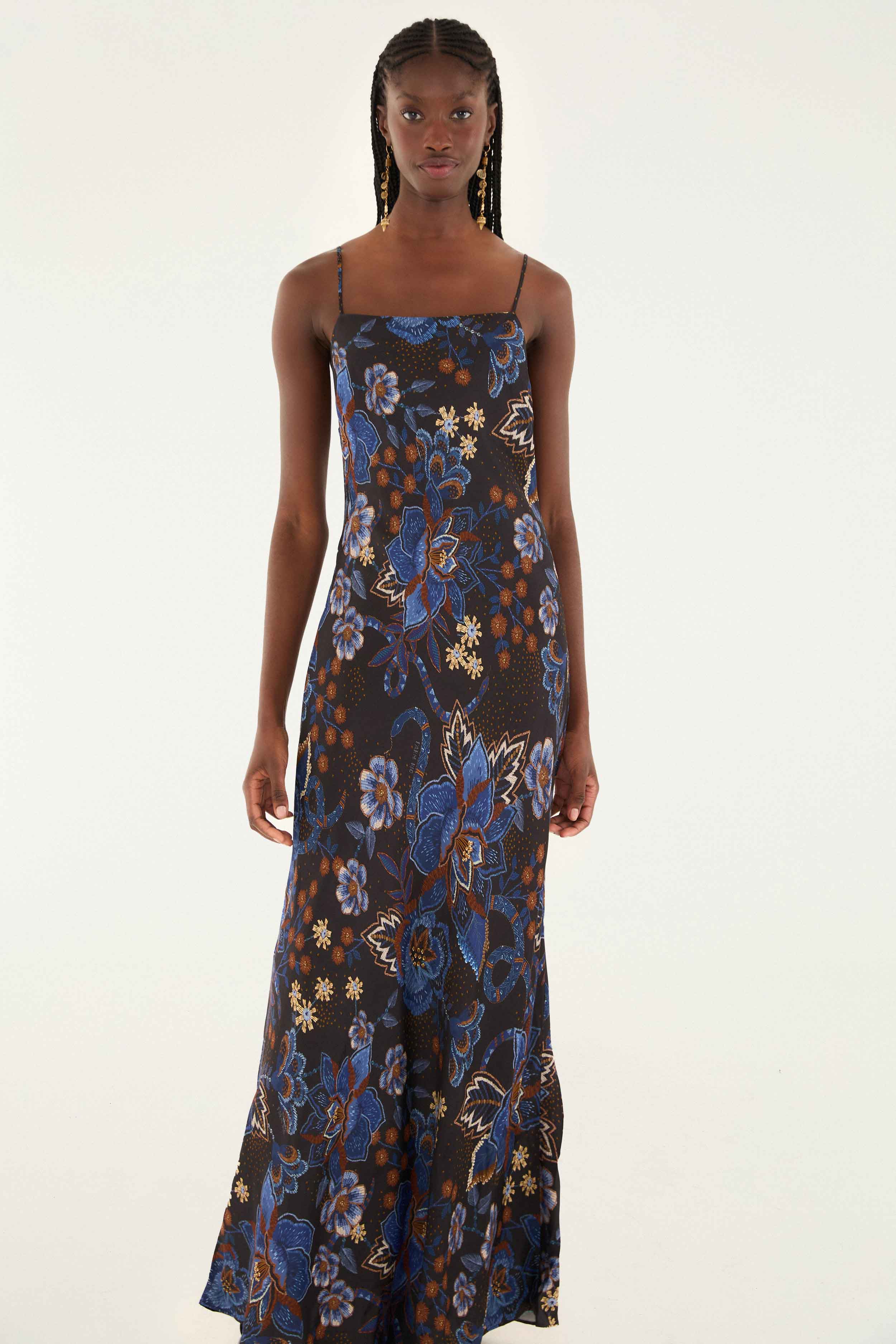 Black Snakes Bouquet Lenzing  Ecovero  Slip Maxi Dress | FARM Rio