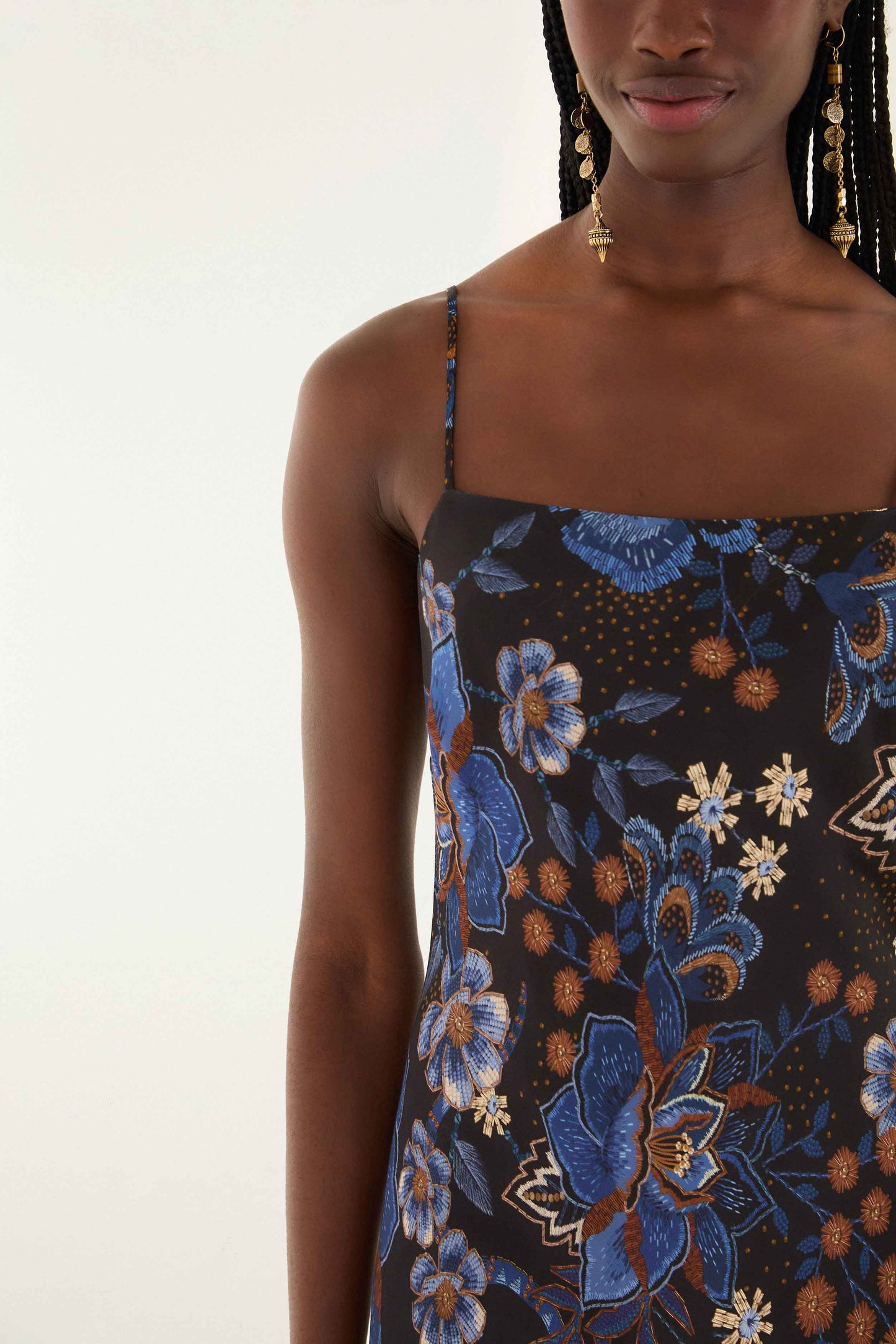 FARM Rio model wearing the Black Snakes Bouquet Lenzing� Ecovero� Slip Maxi Dress