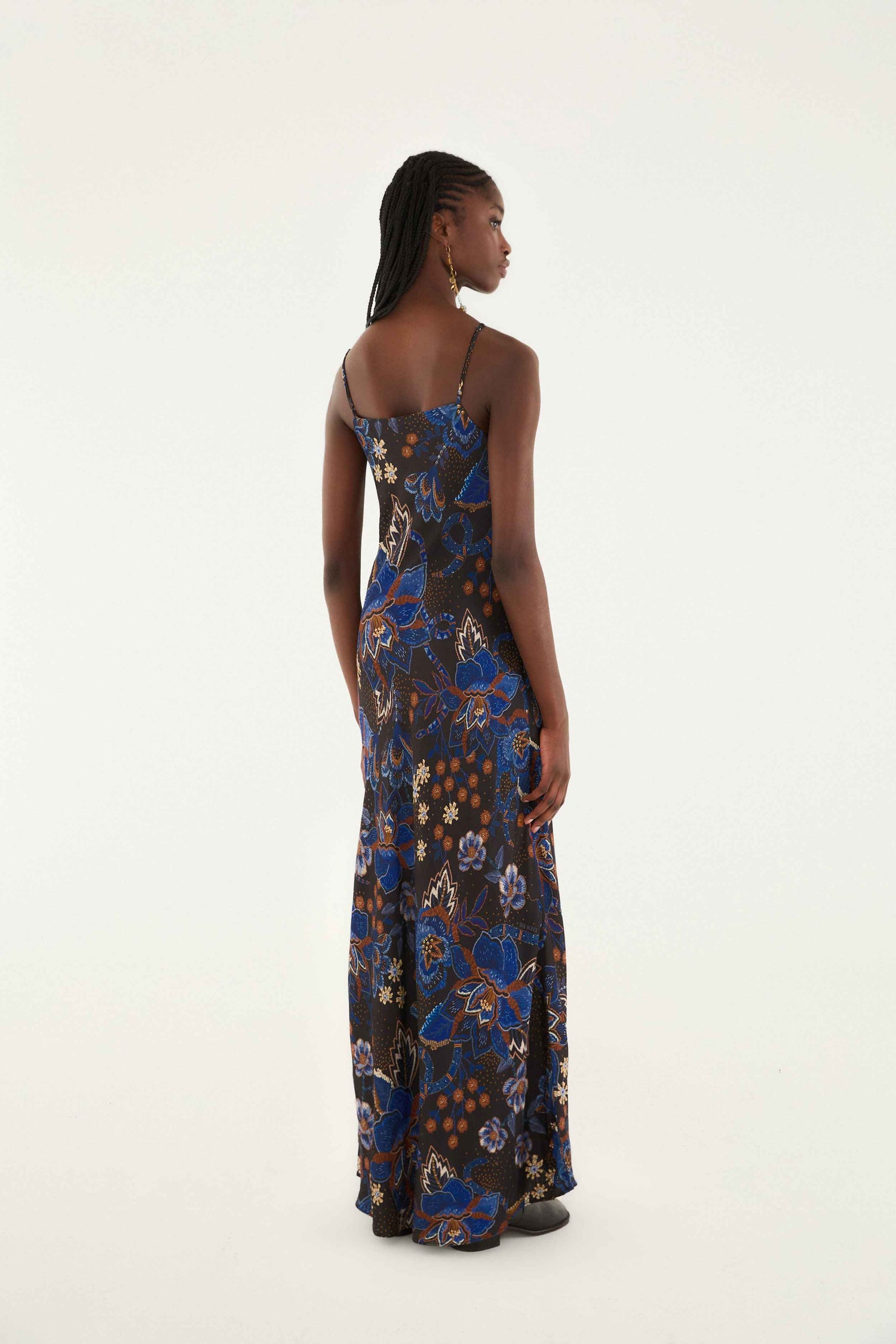 FARM Rio model wearing the Black Snakes Bouquet Lenzing� Ecovero� Slip Maxi Dress