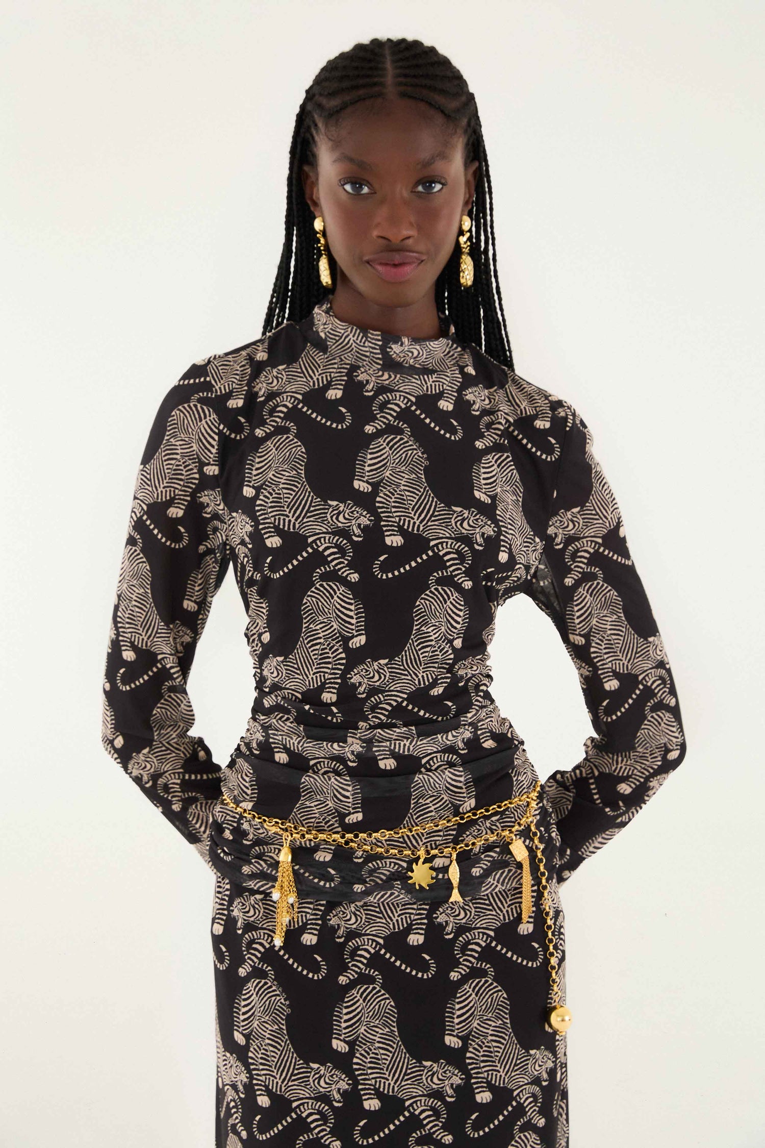 FARM Rio model wearing the Black Striped Tigers Long Sleeve Tulle Blouse