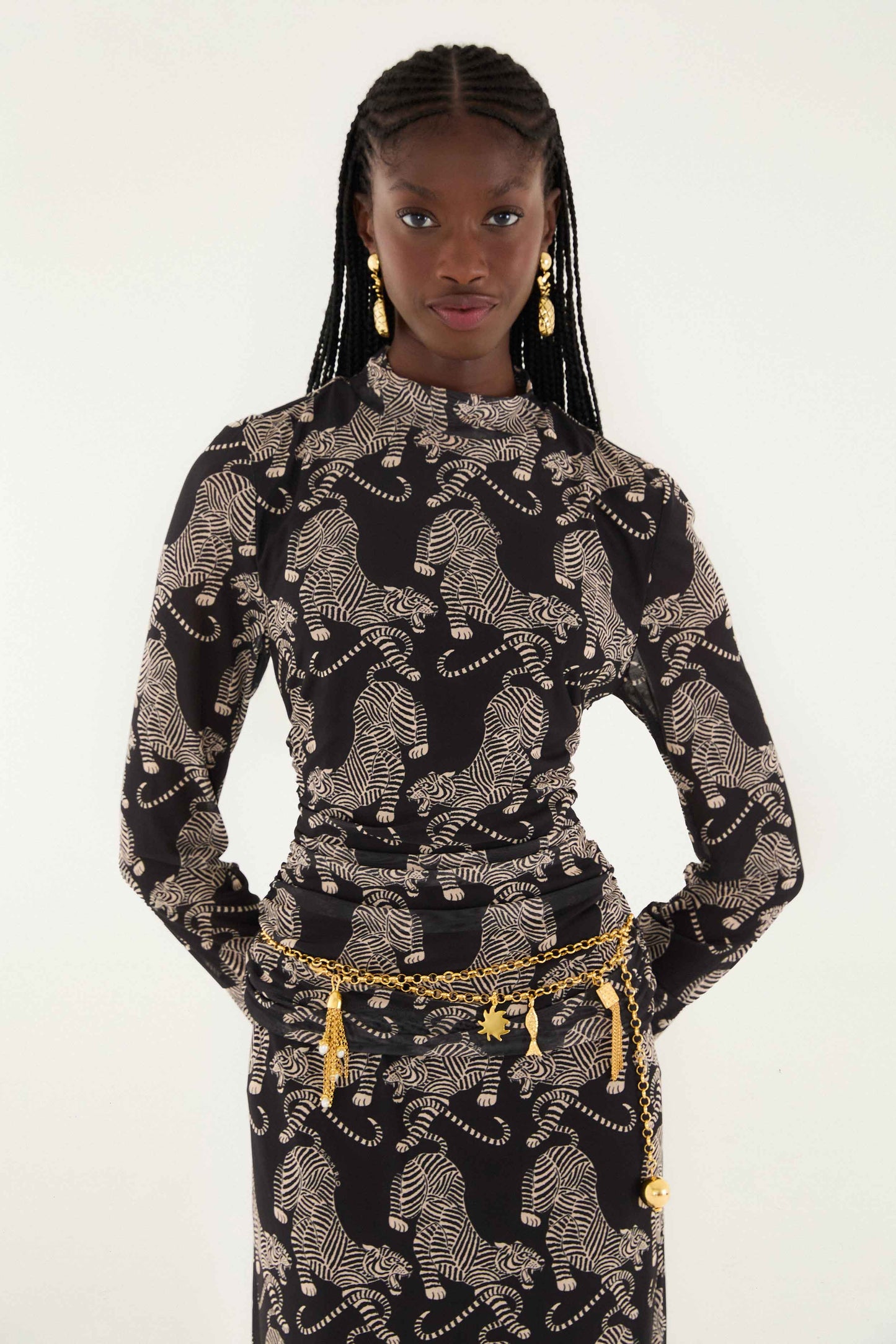 FARM Rio model wearing the Black Striped Tigers Long Sleeve Tulle Blouse