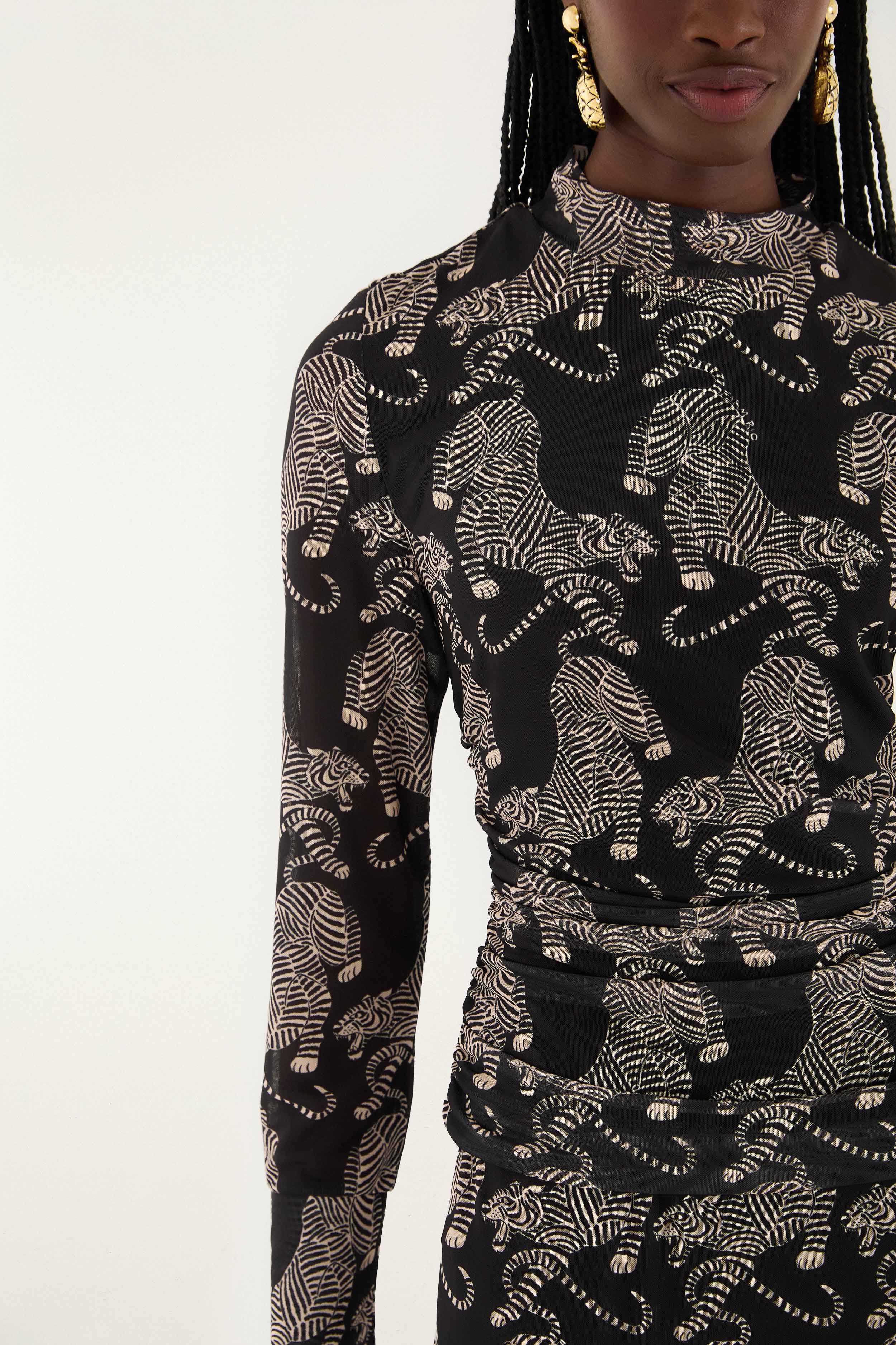 Black Striped Tigers Long Sleeve Tulle Blouse | FARM Rio