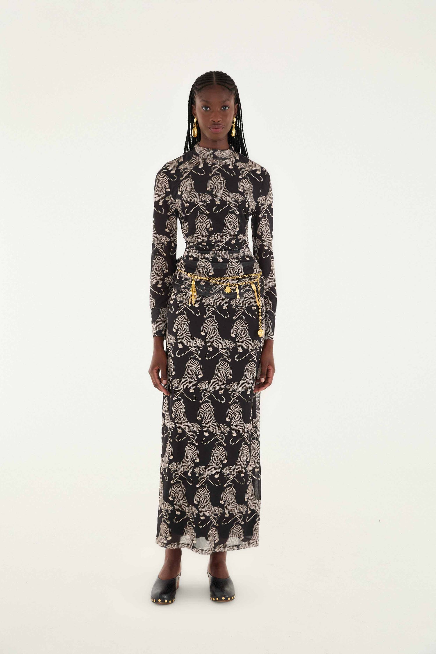 FARM Rio model wearing the Black Striped Tigers Long Sleeve Tulle Blouse