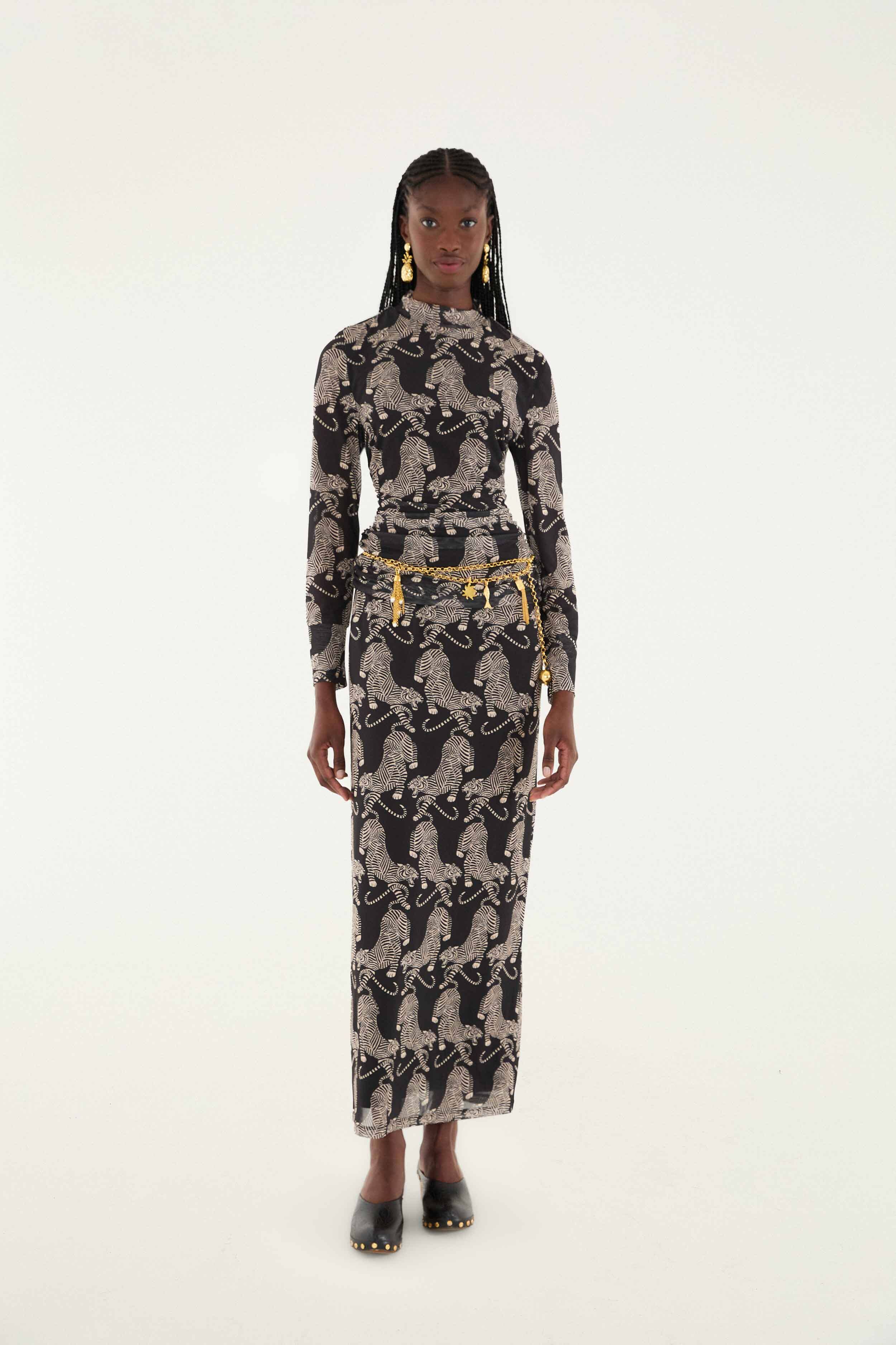 Black Striped Tigers Tulle Maxi Skirt | FARM Rio