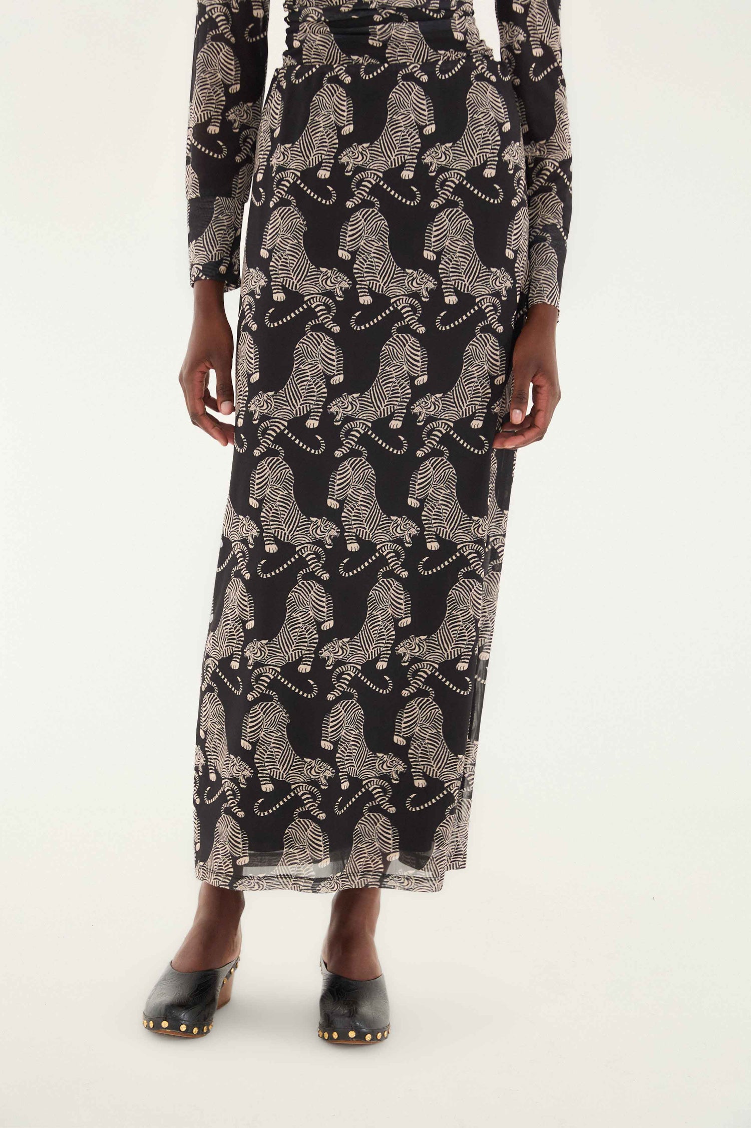 FARM Rio model wearing the Black Striped Tigers Tulle Maxi Skirt