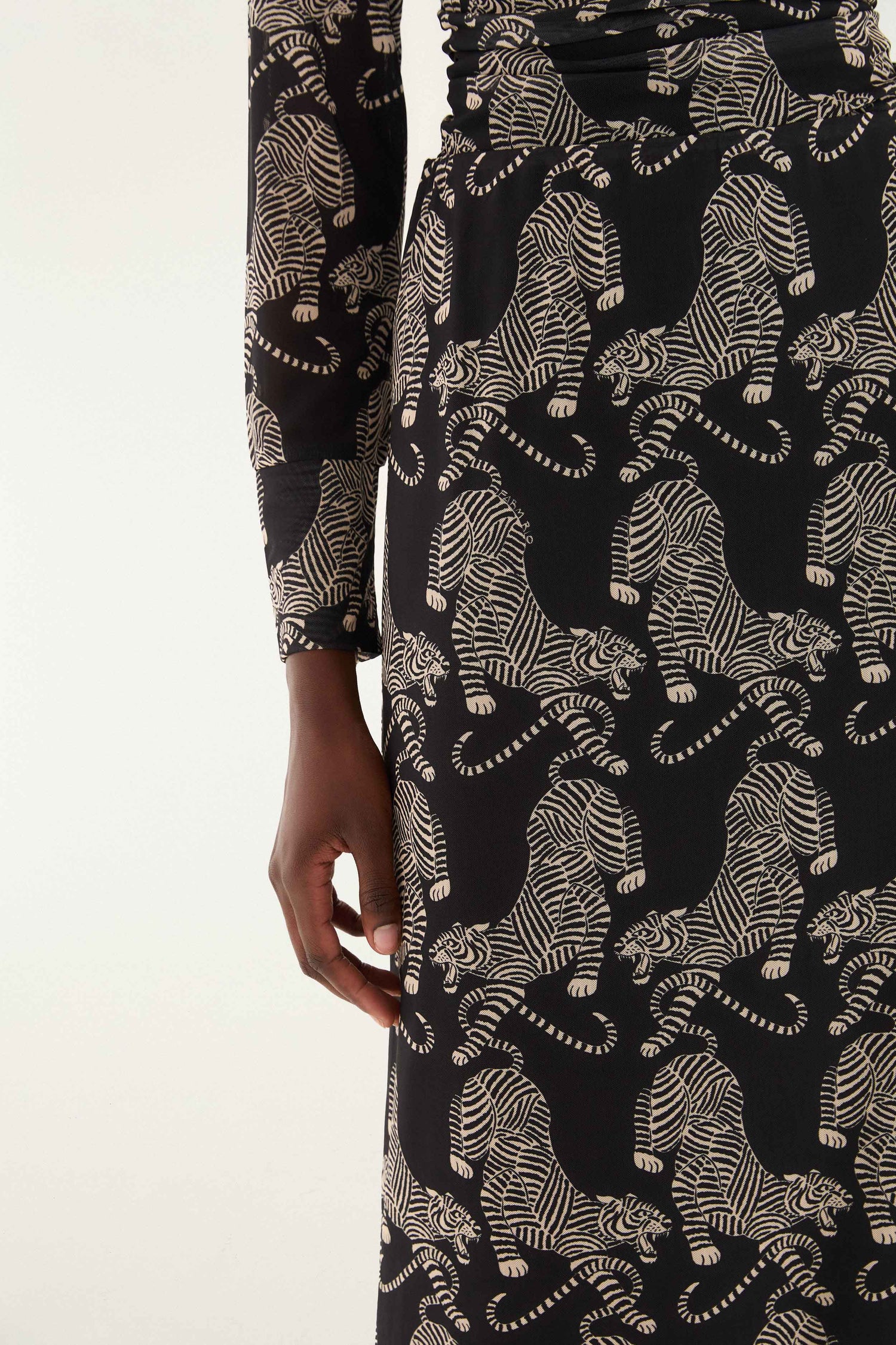 FARM Rio model wearing the Black Striped Tigers Tulle Maxi Skirt