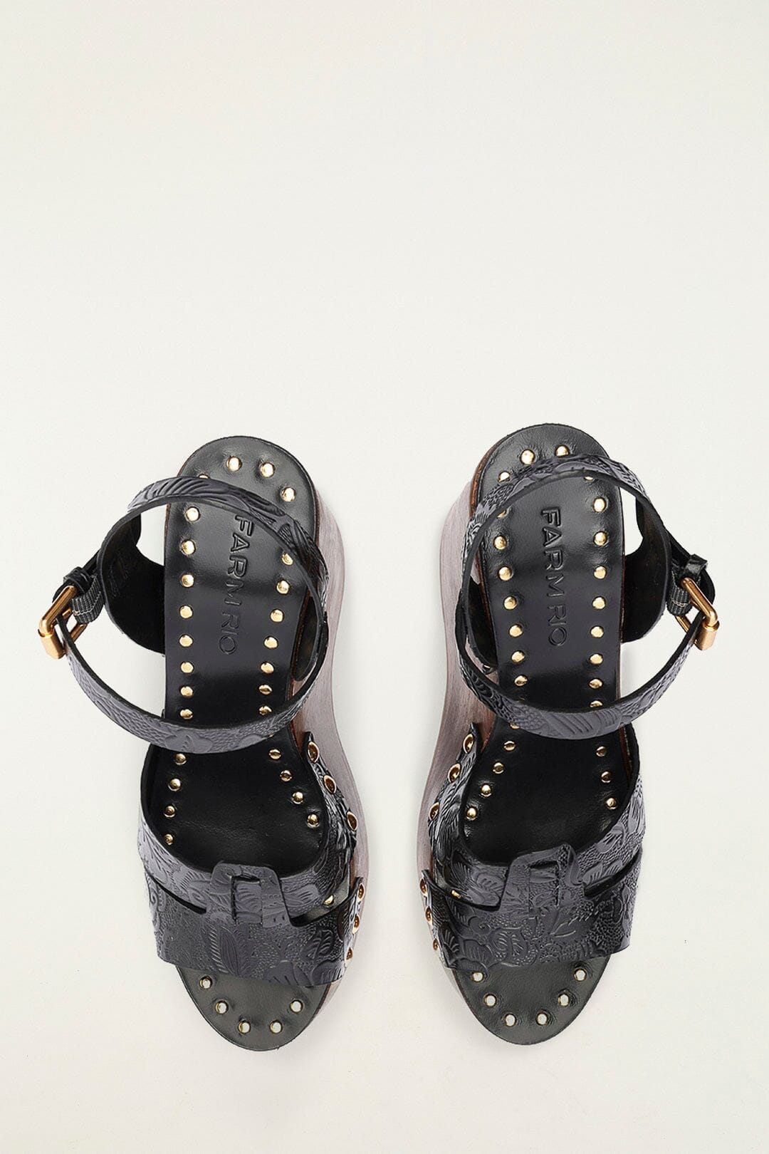 FARM Rio model wearing the Black Studded Embossed Wedge Sandal
