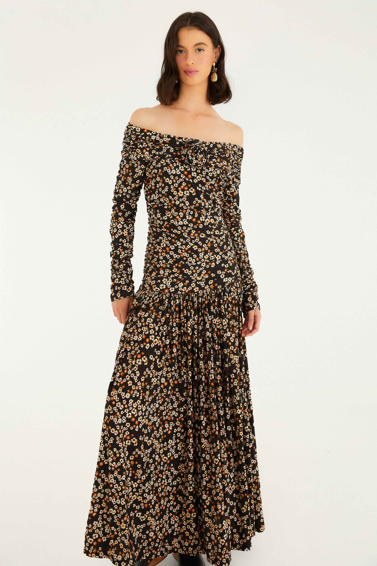 FARM Rio model wearing the Black Tiny Flowers Long Sleeve Maxi Dress