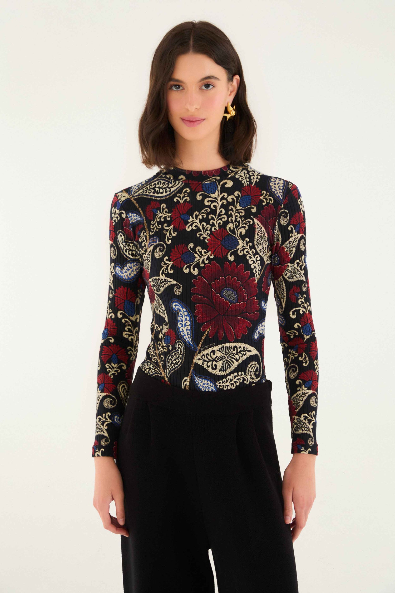 FARM Rio model wearing the Black Valentina High Neck Long Sleeve Jersey Bodysuit