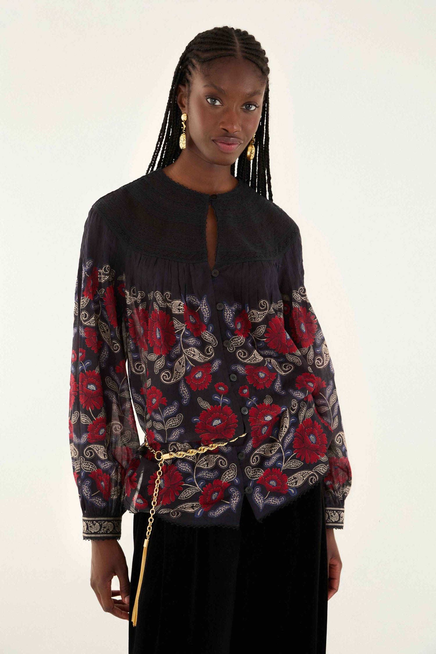 FARM Rio model wearing the Black Valentina Long Sleeve Blouse