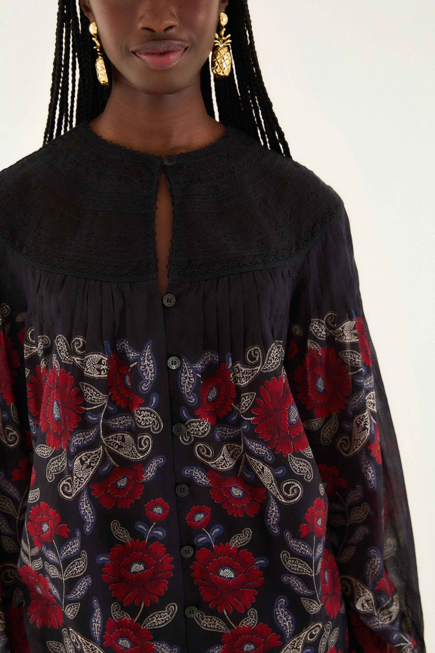 FARM Rio model wearing the Black Valentina Long Sleeve Blouse